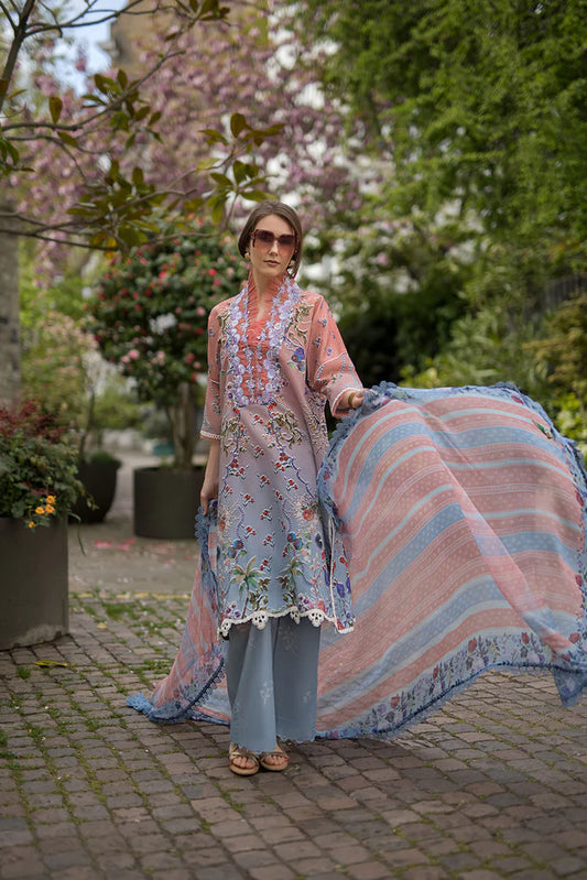 Model wearing multicolour pastel Sobia Nazir Design 2A from SN Basics '25, Pakistani luxury pret for Eid, shop Pakistani clothes online in UK.