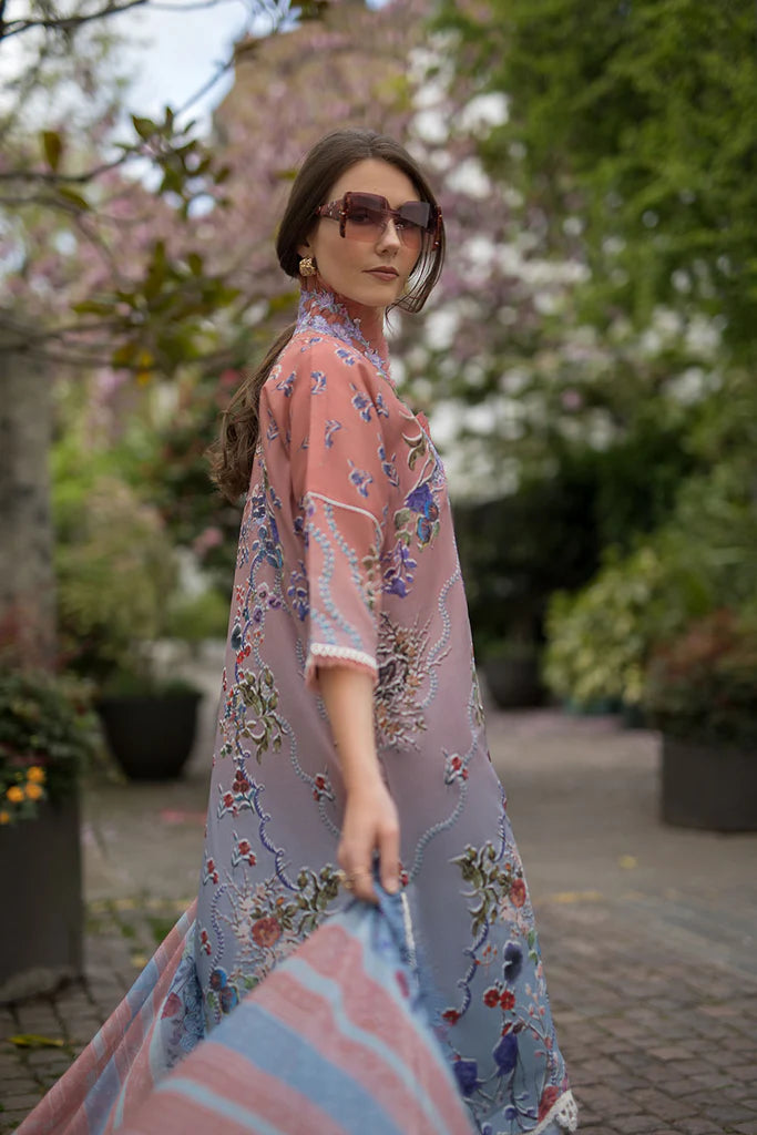 Model wearing multicolour pastel Sobia Nazir Design 2A from SN Basics '25, Pakistani luxury pret for Eid, shop Pakistani clothes online in UK.