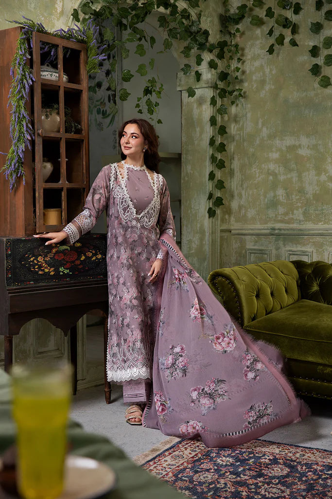 Model wearing mauve floral embroidered Design 2A outfit from Sobia Nazir Vital '25 Vol. 2, Pakistani luxury pret clothes online in UK.
