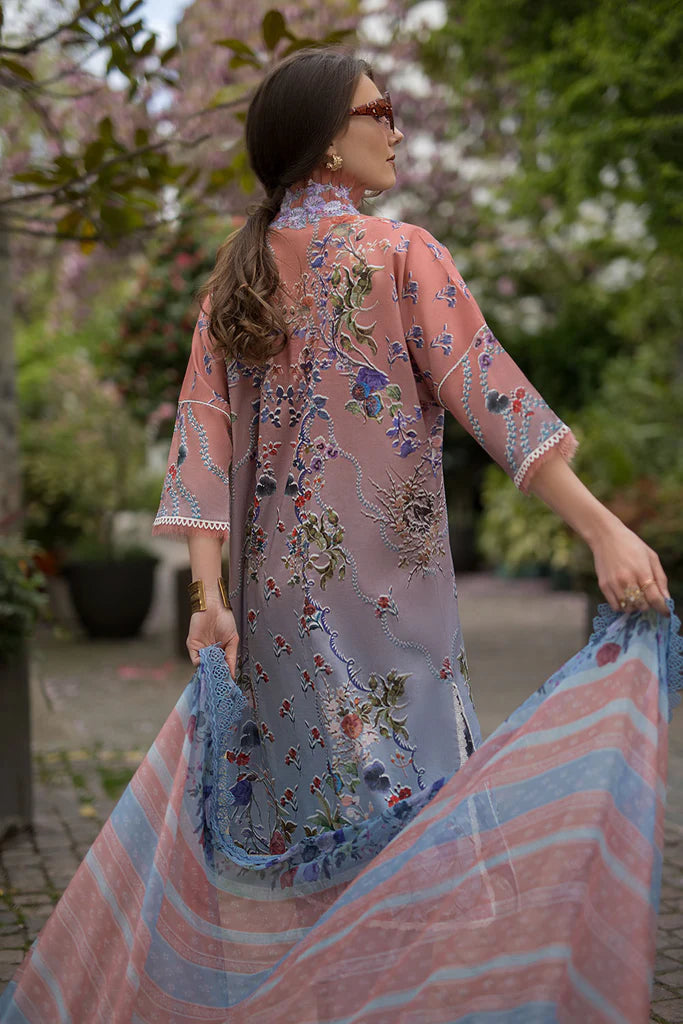 Model wearing multicolour pastel Sobia Nazir Design 2A from SN Basics '25, Pakistani luxury pret for Eid, shop Pakistani clothes online in UK.