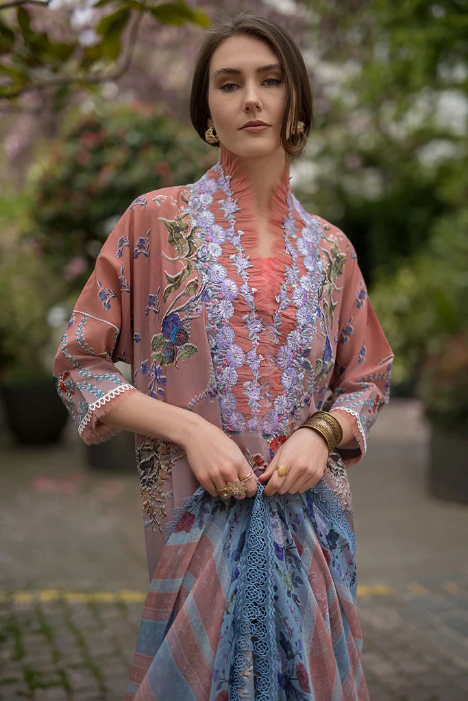 Model wearing multicolour pastel Sobia Nazir Design 2A from SN Basics '25, Pakistani luxury pret for Eid, shop Pakistani clothes online in UK.