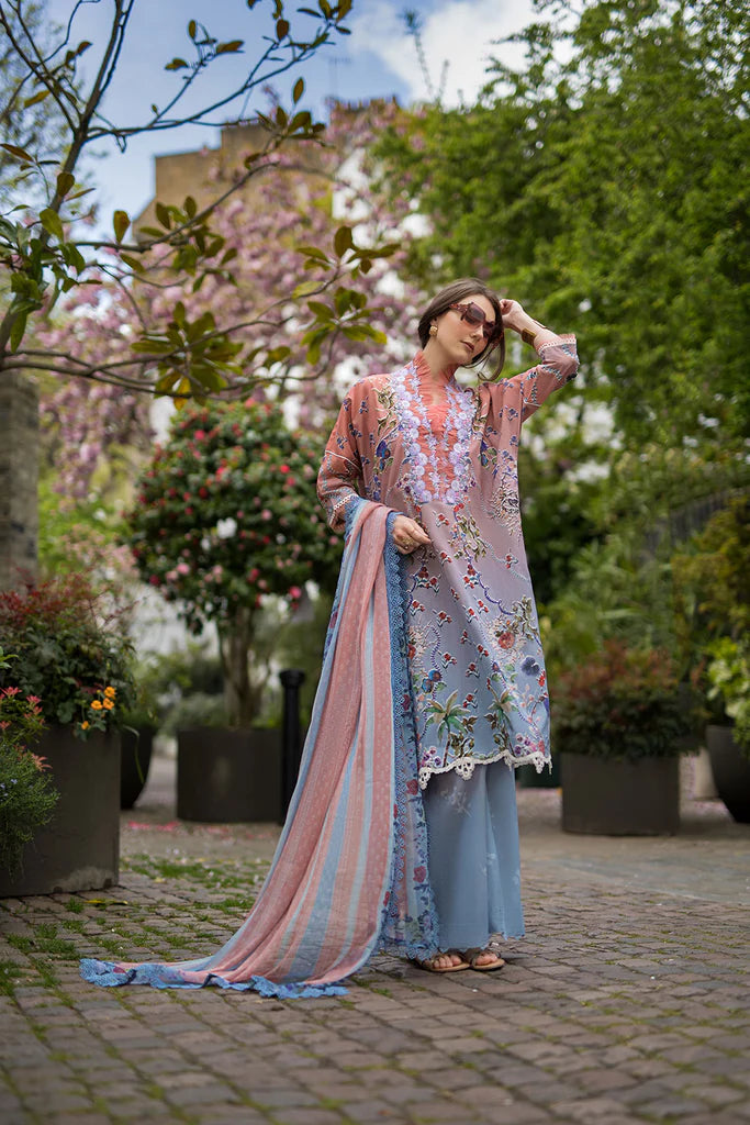 Model wearing multicolour pastel Sobia Nazir Design 2A from SN Basics '25, Pakistani luxury pret for Eid, shop Pakistani clothes online in UK.