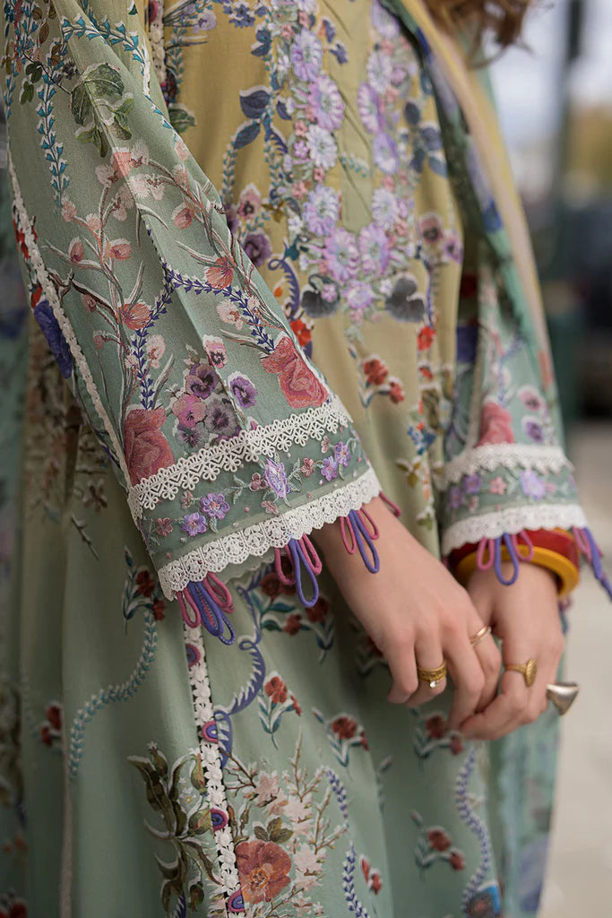 Model wearing multicolour printed green and mustard Design 2B dress from Sobia Nazir, Pakistani Casual Pret, Pakistani clothes online in UK.

