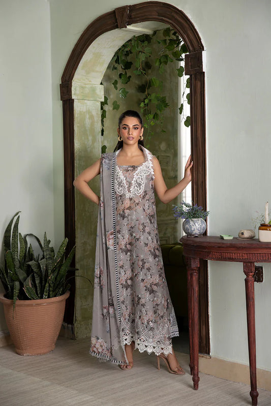 Model wearing grey floral Design 2B outfit from Sobia Nazir Vital '25 Vol. 2, Pakistani luxury pret and clothes online in UK.