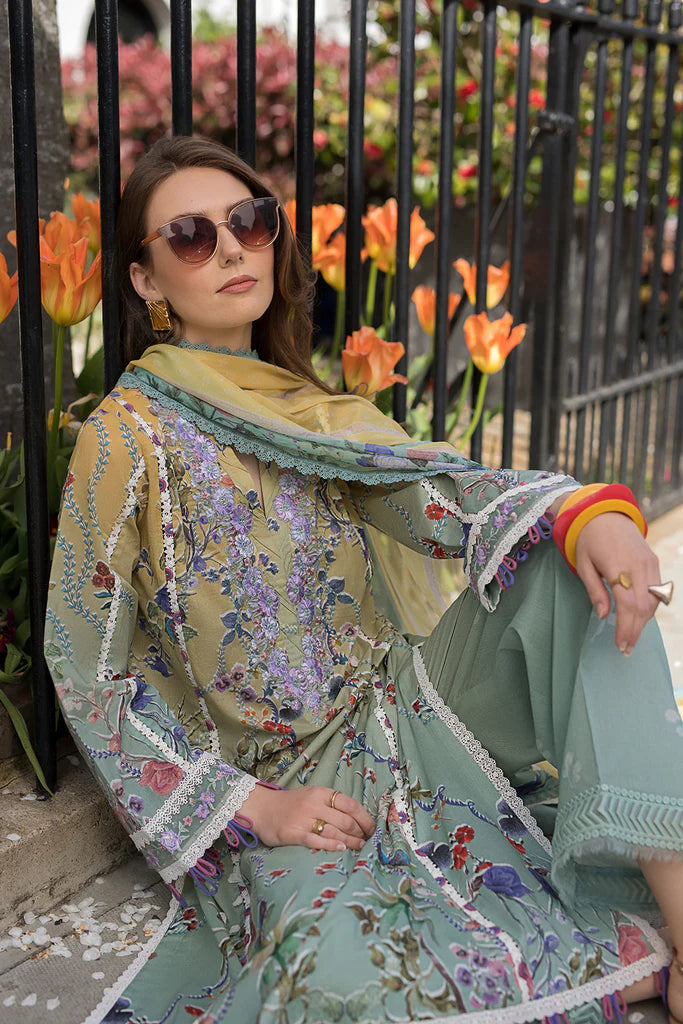 Model wearing multicolour printed green and mustard Design 2B dress from Sobia Nazir, Pakistani Casual Pret, Pakistani clothes online in UK.
