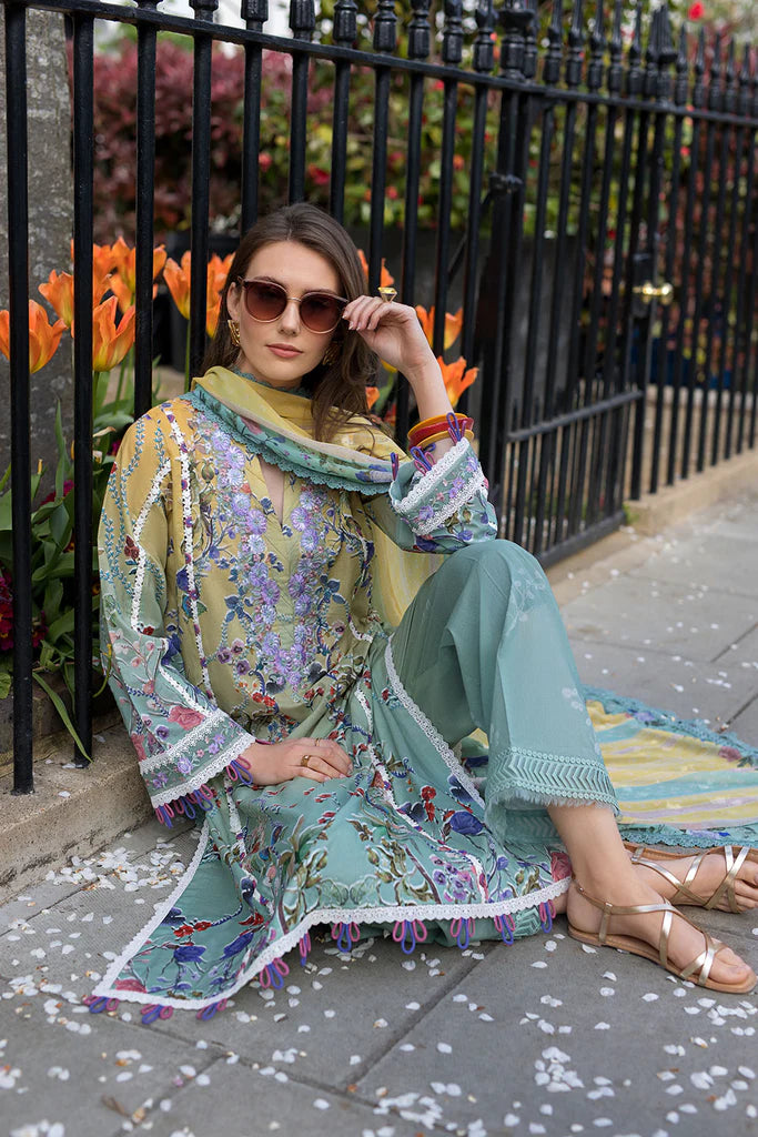 Model wearing multicolour printed green and mustard Design 2B dress from Sobia Nazir, Pakistani Casual Pret, Pakistani clothes online in UK.
