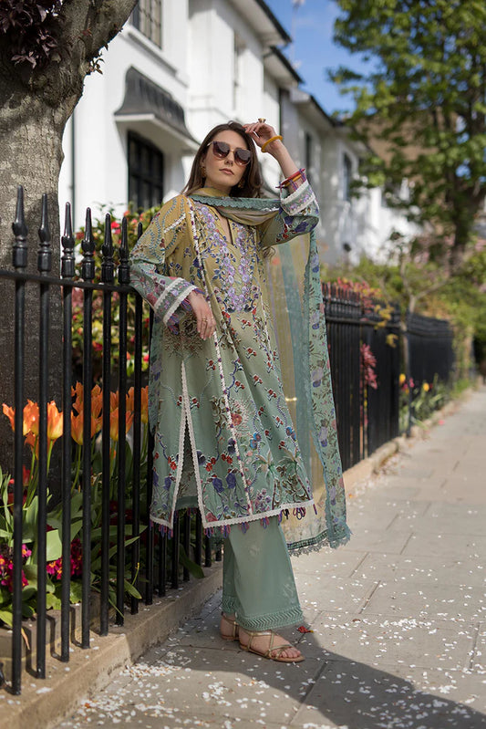 Model wearing multicolour printed green and mustard Design 2B dress from Sobia Nazir, Pakistani Casual Pret, Pakistani clothes online in UK.
