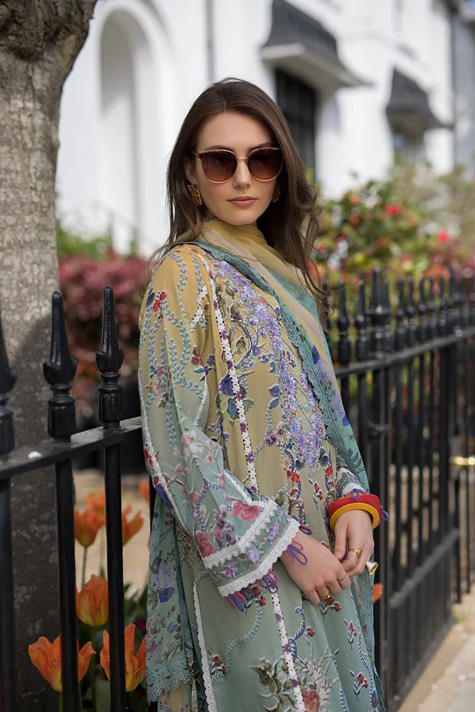 Model wearing multicolour printed green and mustard Design 2B dress from Sobia Nazir, Pakistani Casual Pret, Pakistani clothes online in UK.
