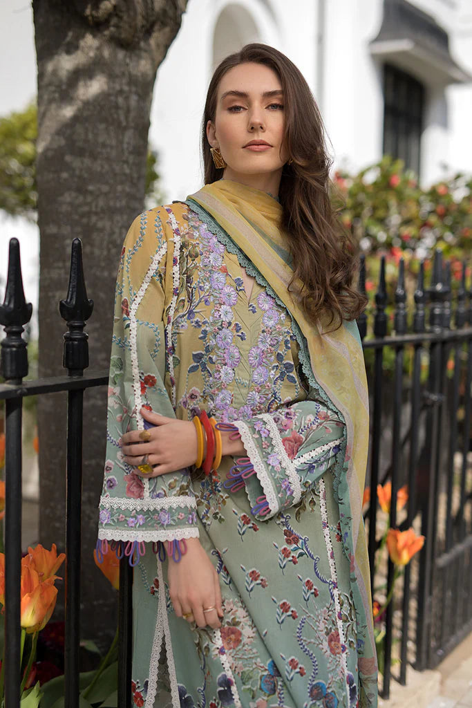 Model wearing multicolour printed green and mustard Design 2B dress from Sobia Nazir, Pakistani Casual Pret, Pakistani clothes online in UK.
