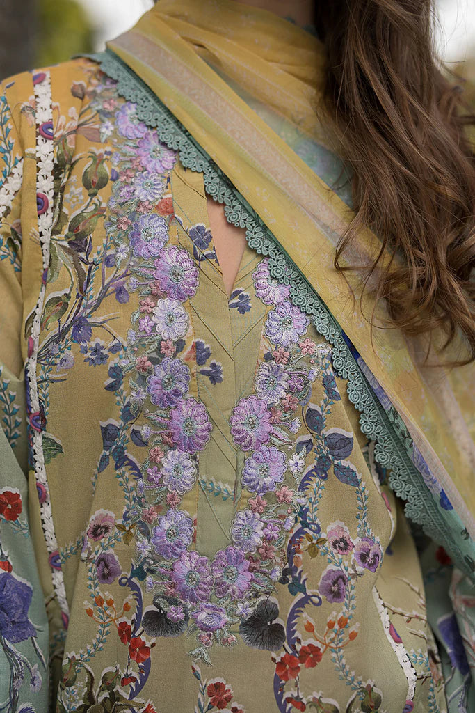 Model wearing multicolour printed green and mustard Design 2B dress from Sobia Nazir, Pakistani Casual Pret, Pakistani clothes online in UK.
