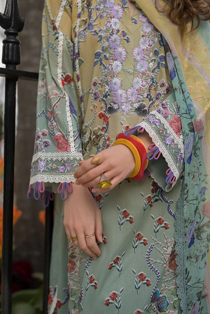 Model wearing multicolour printed green and mustard Design 2B dress from Sobia Nazir, Pakistani Casual Pret, Pakistani clothes online in UK.
