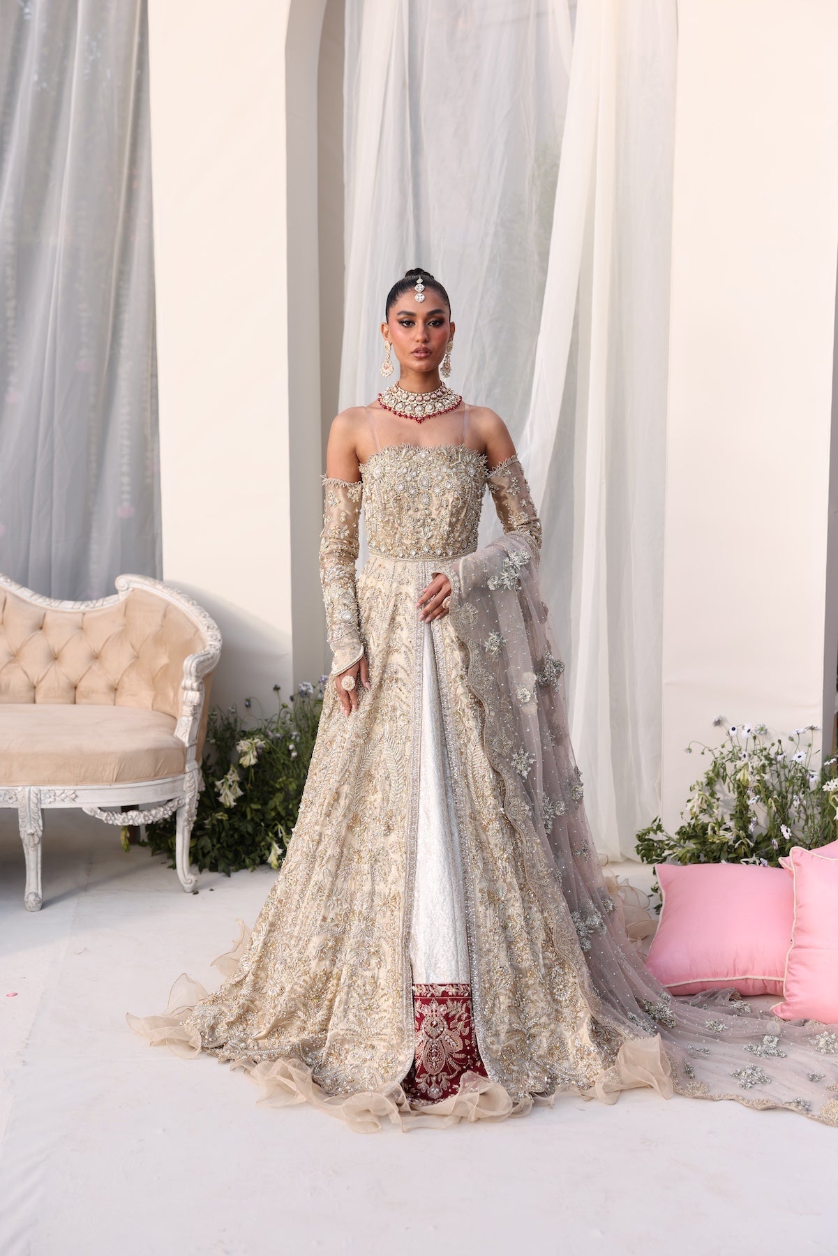 Model wearing champagne gold bridal gown Juni from Mysie By Tahira Wedding Edits '25, Pakistani luxury pret and clothes online in UK.