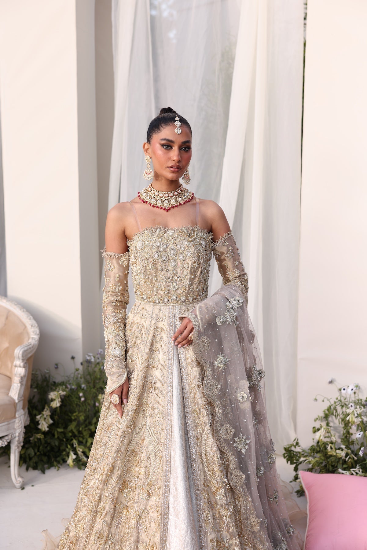 Model wearing champagne gold bridal gown Juni from Mysie By Tahira Wedding Edits '25, Pakistani luxury pret and clothes online in UK.