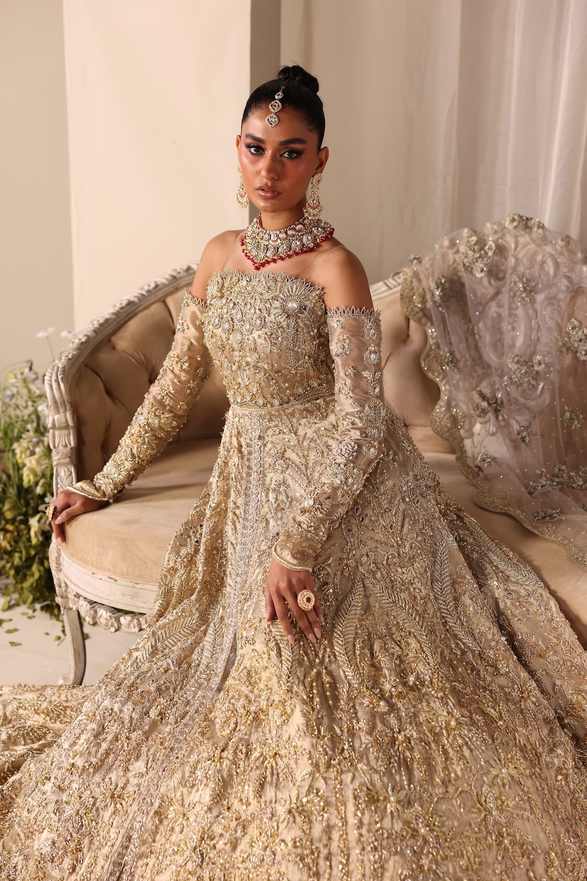Model wearing champagne gold bridal gown Juni from Mysie By Tahira Wedding Edits '25, Pakistani luxury pret and clothes online in UK.