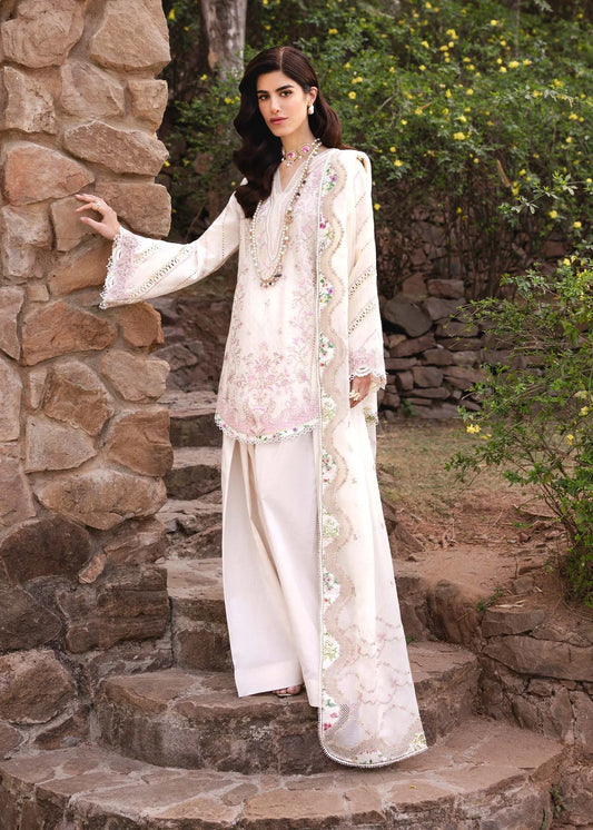 Model wearing ivory Amelia outfit from Kanwal Malik Ayra Casual Pret '25, Pakistani luxury pret and Pakistani clothes online in UK.