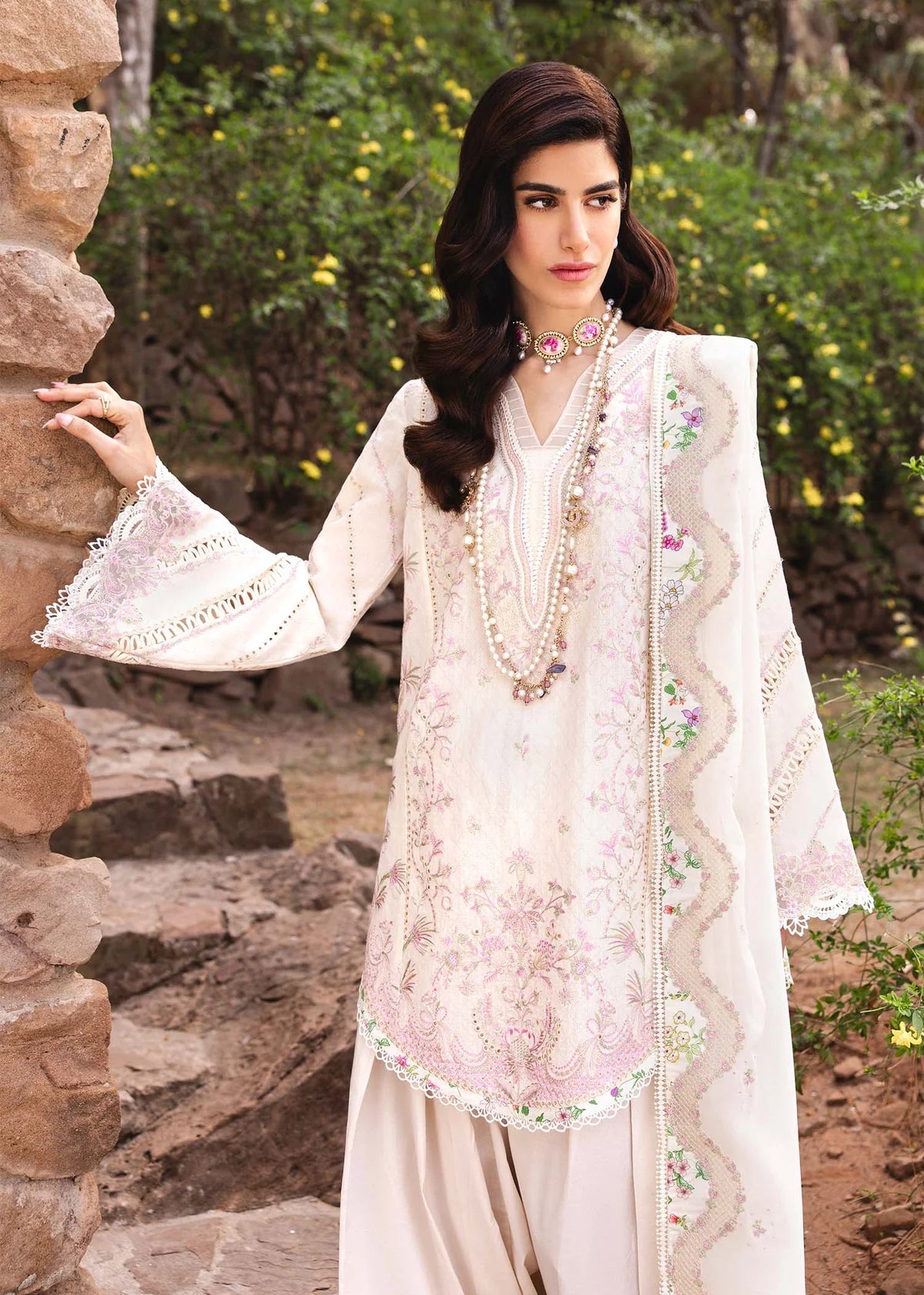 Model wearing ivory Amelia outfit from Kanwal Malik Ayra Casual Pret '25, Pakistani luxury pret and Pakistani clothes online in UK.