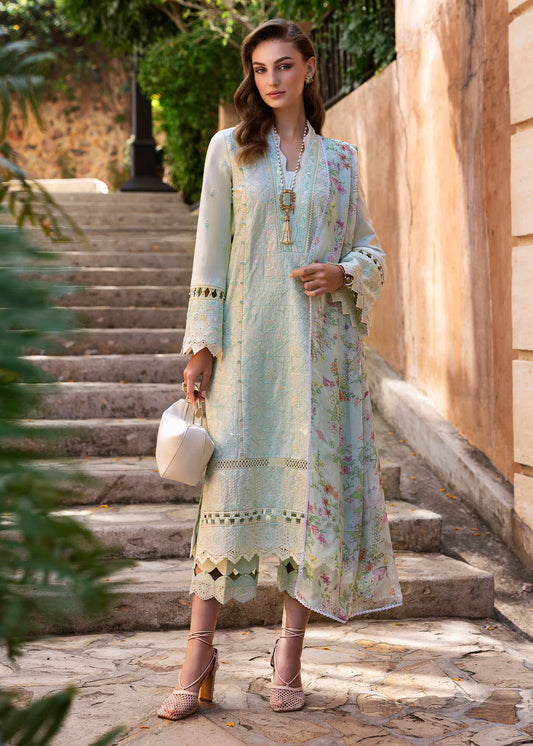 Model wearing Kanwal Malik Siena KM Basics '25 Mirel in pastel mint with floral embroidery. Shop Pakistani luxury pret online in the UK.