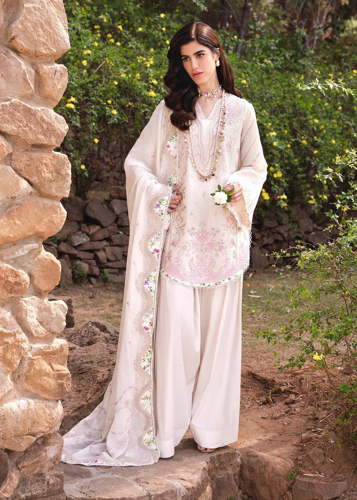 Model wearing ivory Amelia outfit from Kanwal Malik Ayra Casual Pret '25, Pakistani luxury pret and Pakistani clothes online in UK.