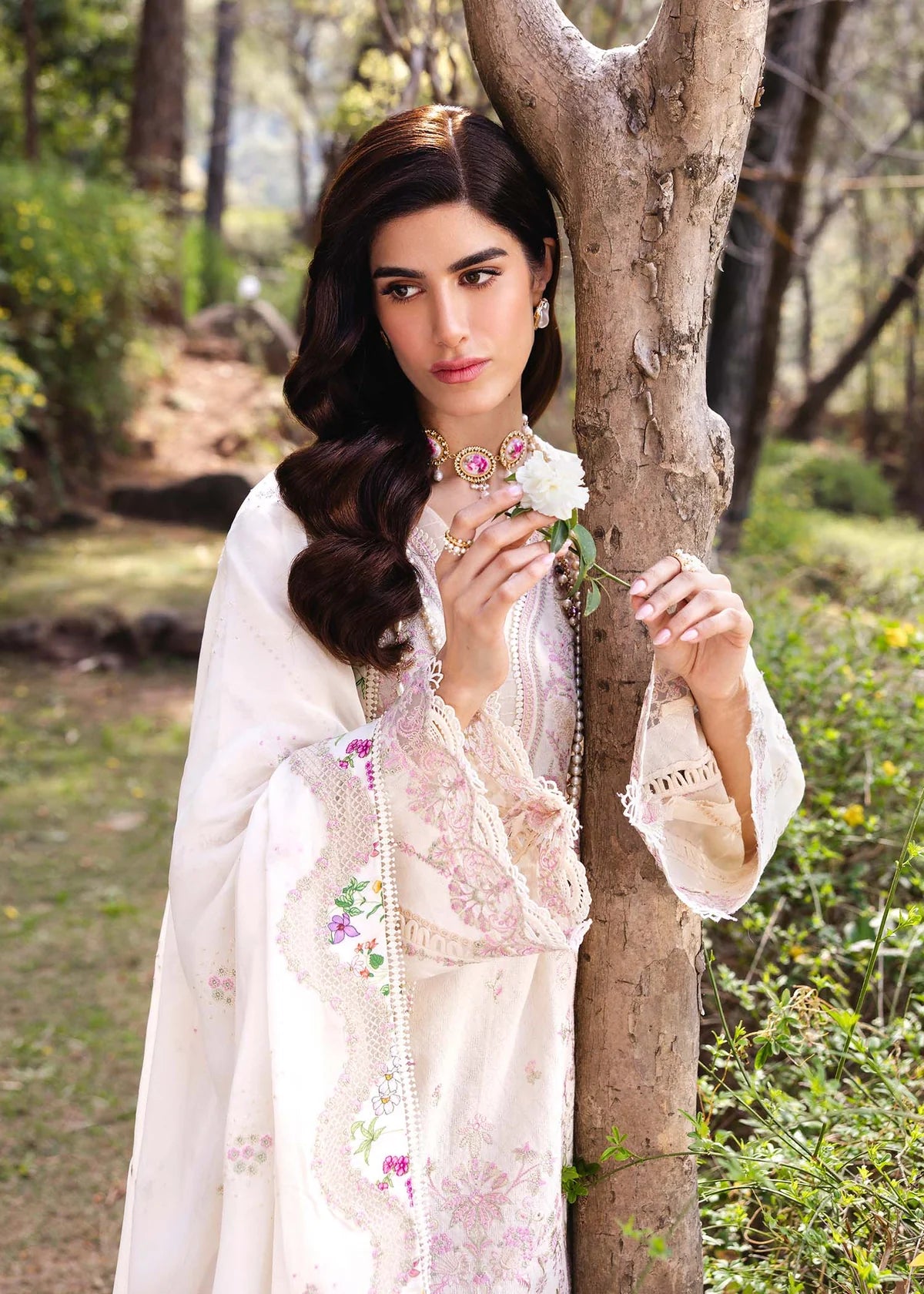 Model wearing ivory Amelia outfit from Kanwal Malik Ayra Casual Pret '25, Pakistani luxury pret and Pakistani clothes online in UK.