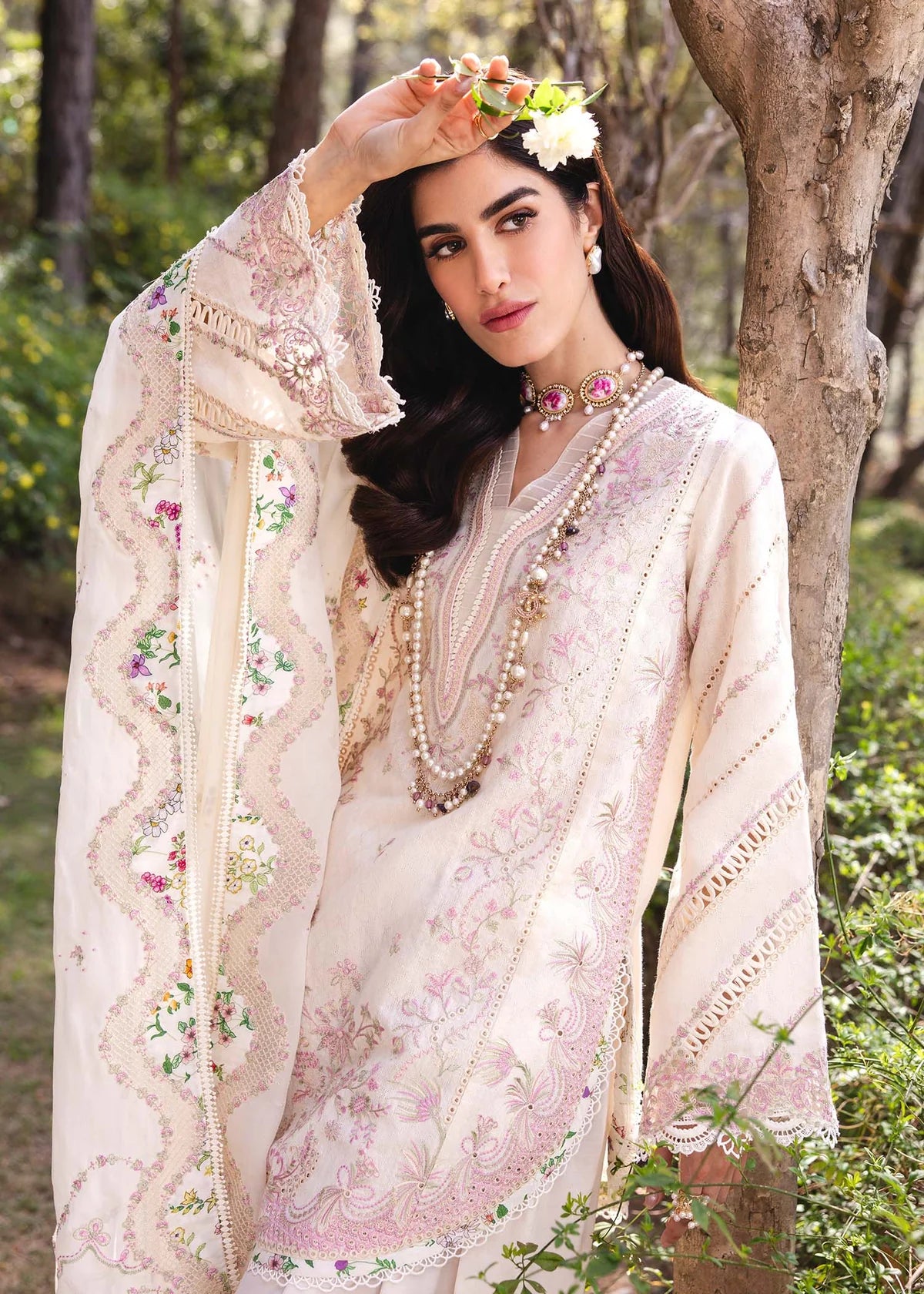 Model wearing ivory Amelia outfit from Kanwal Malik Ayra Casual Pret '25, Pakistani luxury pret and Pakistani clothes online in UK.