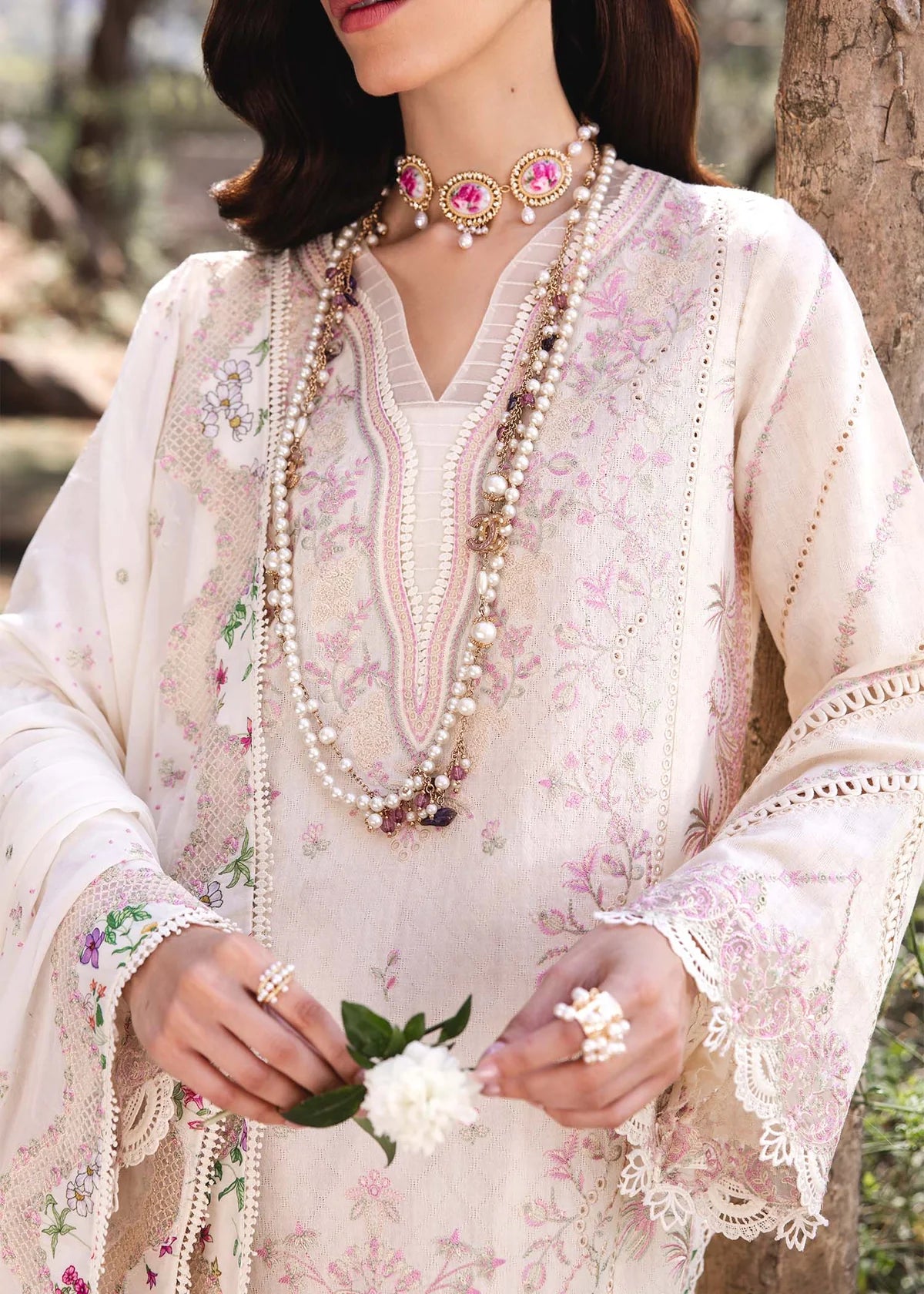 Model wearing ivory Amelia outfit from Kanwal Malik Ayra Casual Pret '25, Pakistani luxury pret and Pakistani clothes online in UK.