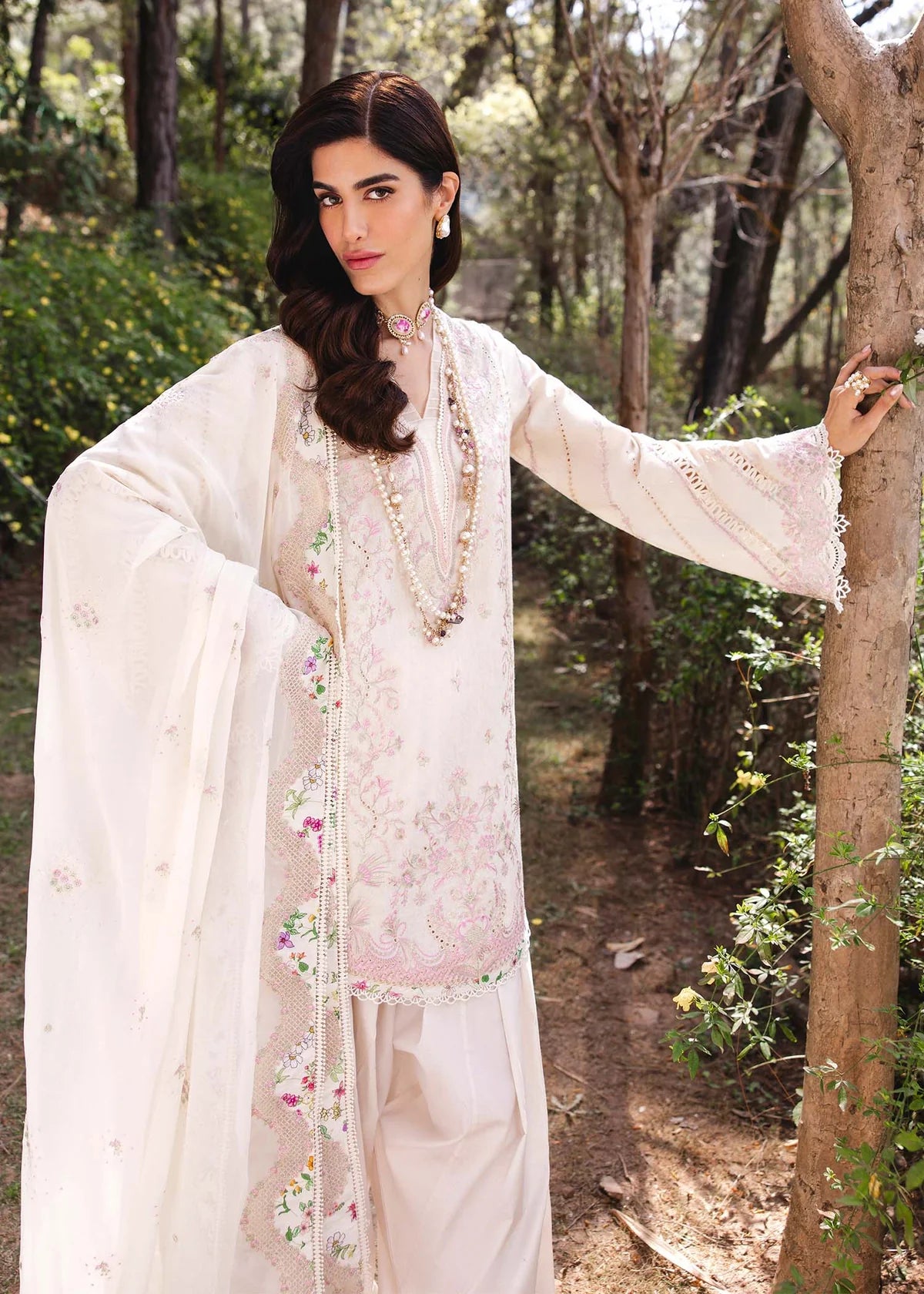 Model wearing ivory Amelia outfit from Kanwal Malik Ayra Casual Pret '25, Pakistani luxury pret and Pakistani clothes online in UK.