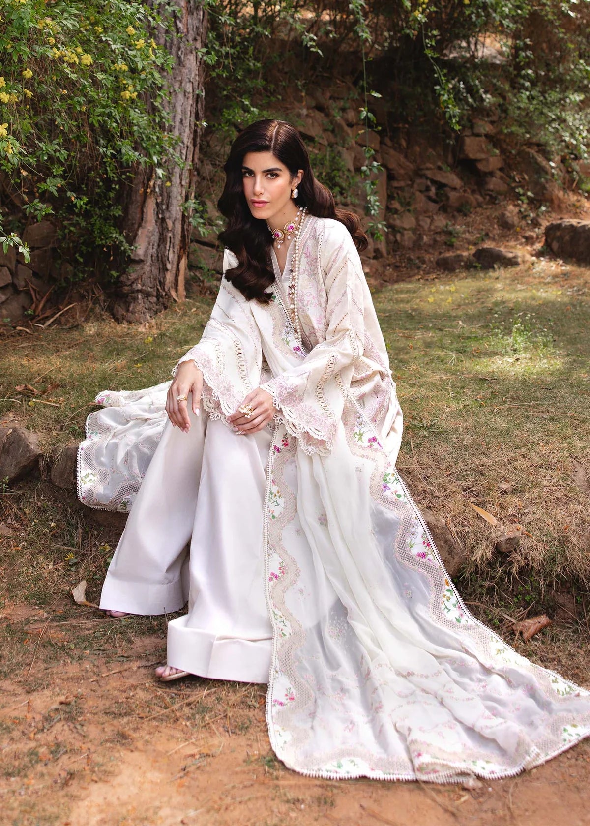 Model wearing ivory Amelia outfit from Kanwal Malik Ayra Casual Pret '25, Pakistani luxury pret and Pakistani clothes online in UK.