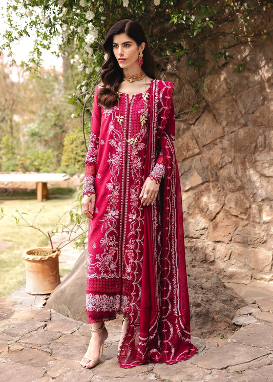 Model wearing deep red Cecil outfit from Kanwal Malik Ayra Casual Pret '25, showcasing Pakistani luxury pret and Pakistani clothes online in UK.