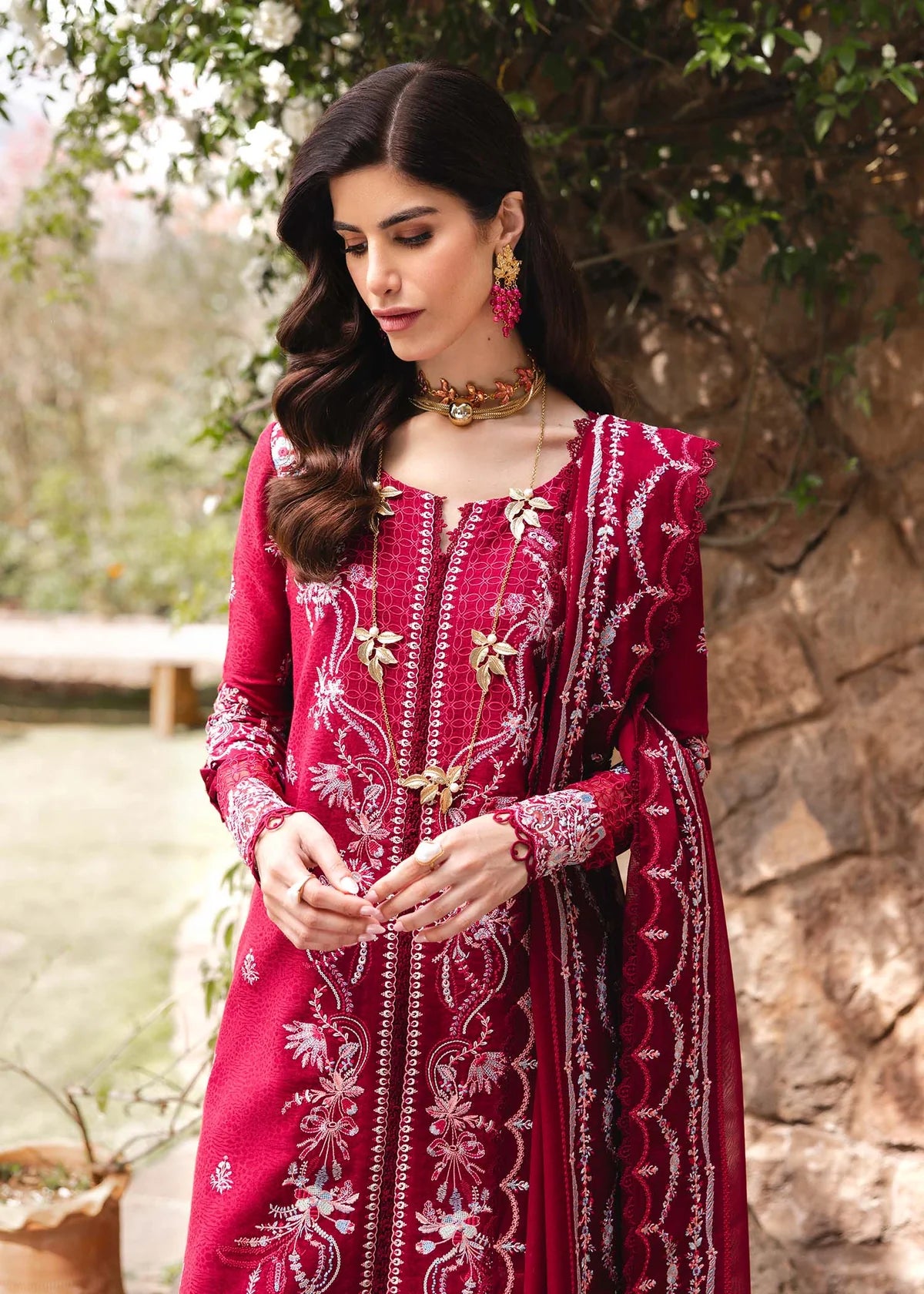 Model wearing deep red Cecil outfit from Kanwal Malik Ayra Casual Pret '25, showcasing Pakistani luxury pret and Pakistani clothes online in UK.