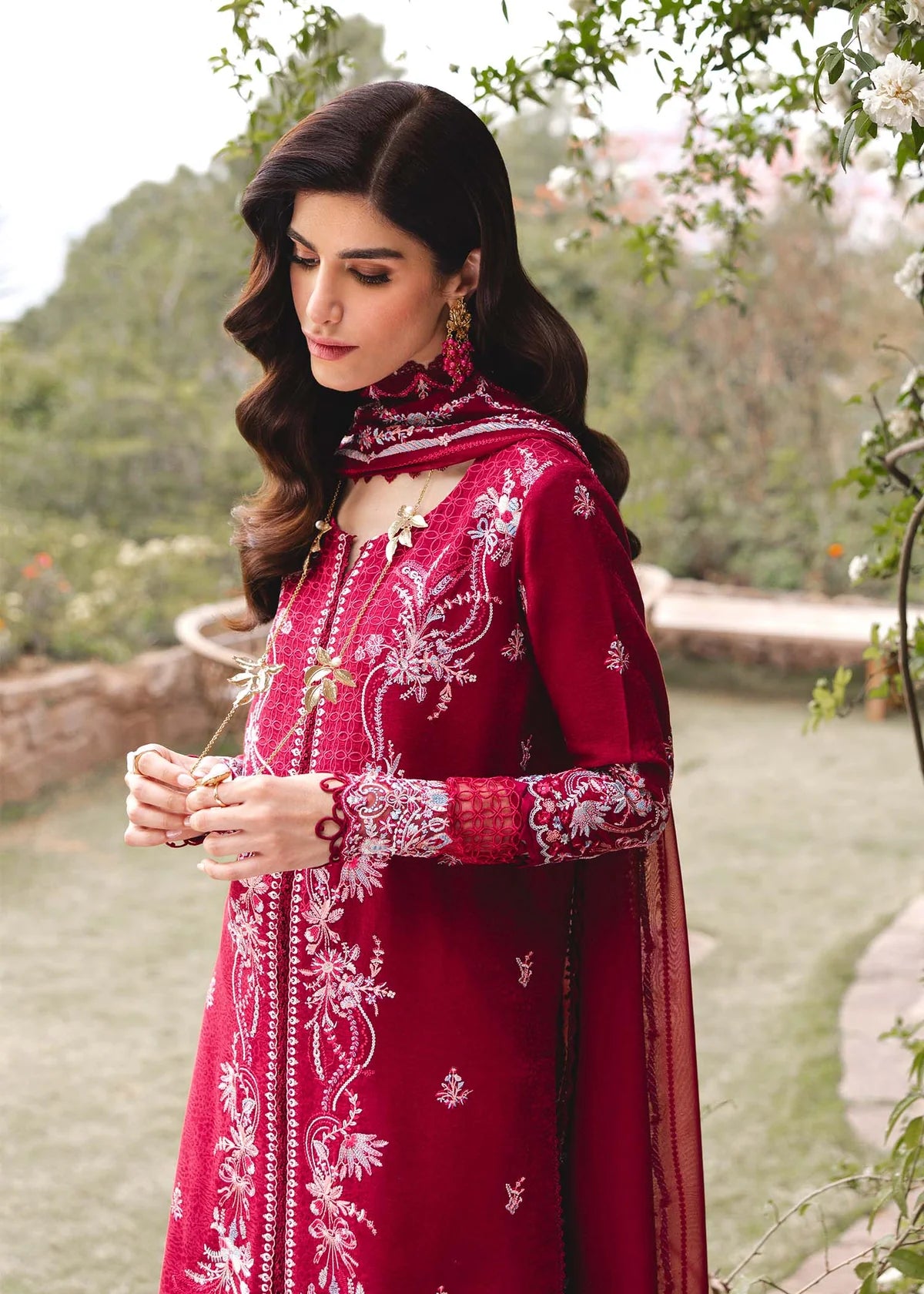 Model wearing deep red Cecil outfit from Kanwal Malik Ayra Casual Pret '25, showcasing Pakistani luxury pret and Pakistani clothes online in UK.
