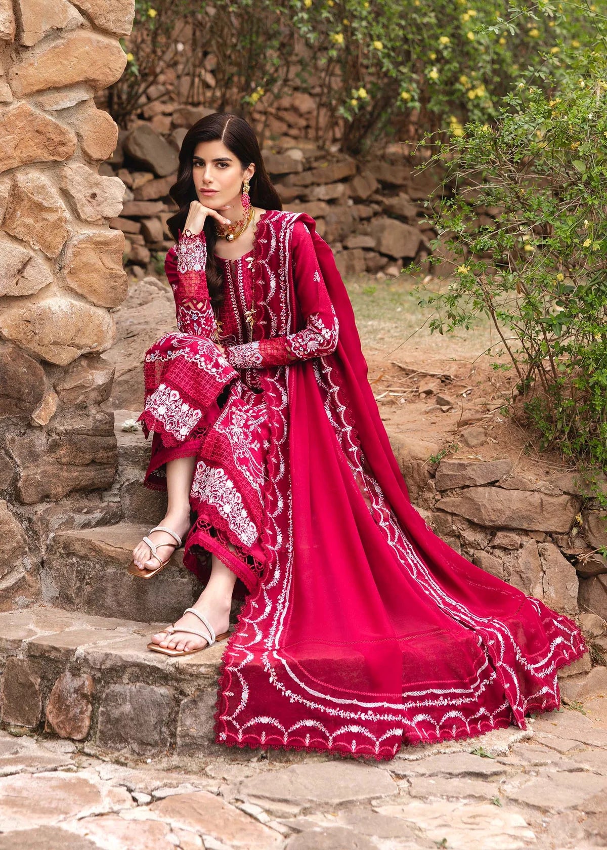 Model wearing deep red Cecil outfit from Kanwal Malik Ayra Casual Pret '25, showcasing Pakistani luxury pret and Pakistani clothes online in UK.