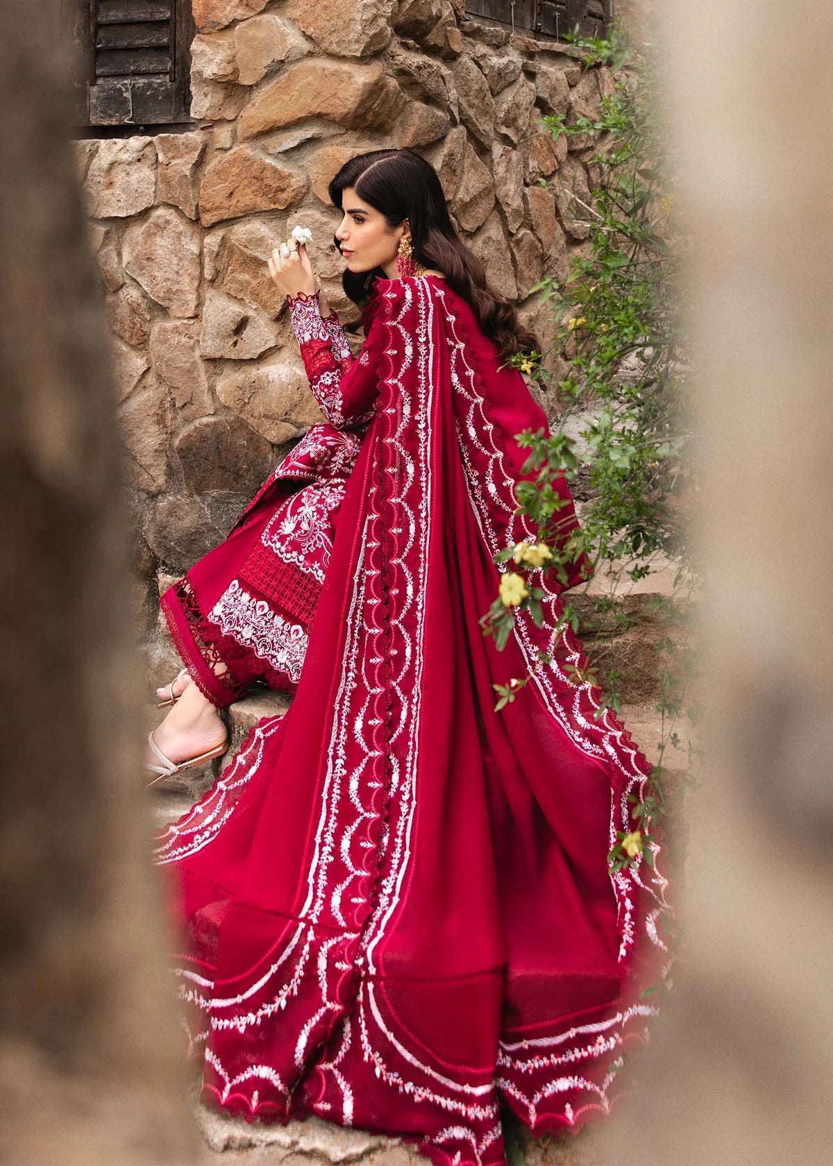 Model wearing deep red Cecil outfit from Kanwal Malik Ayra Casual Pret '25, showcasing Pakistani luxury pret and Pakistani clothes online in UK.