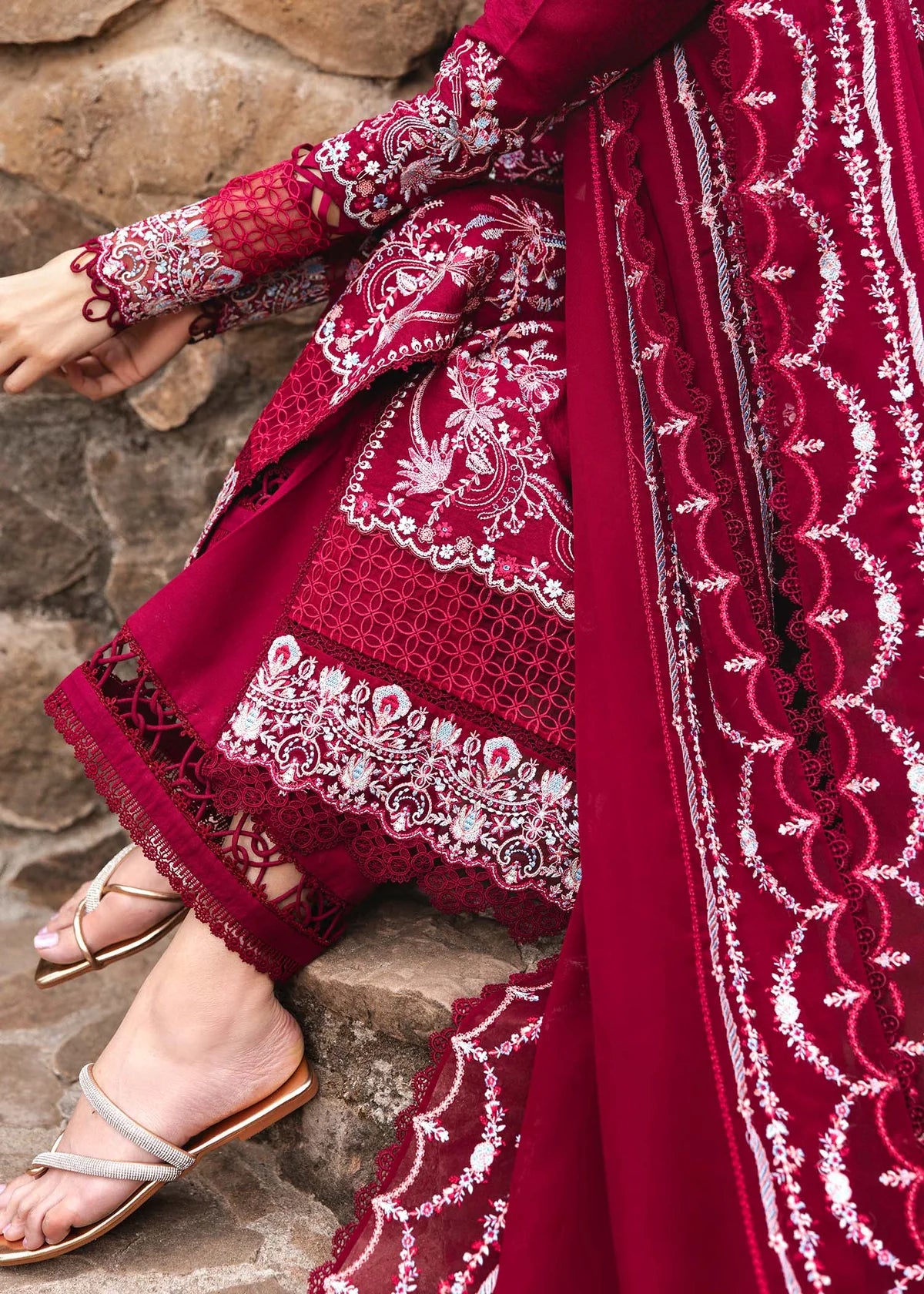 Model wearing deep red Cecil outfit from Kanwal Malik Ayra Casual Pret '25, showcasing Pakistani luxury pret and Pakistani clothes online in UK.