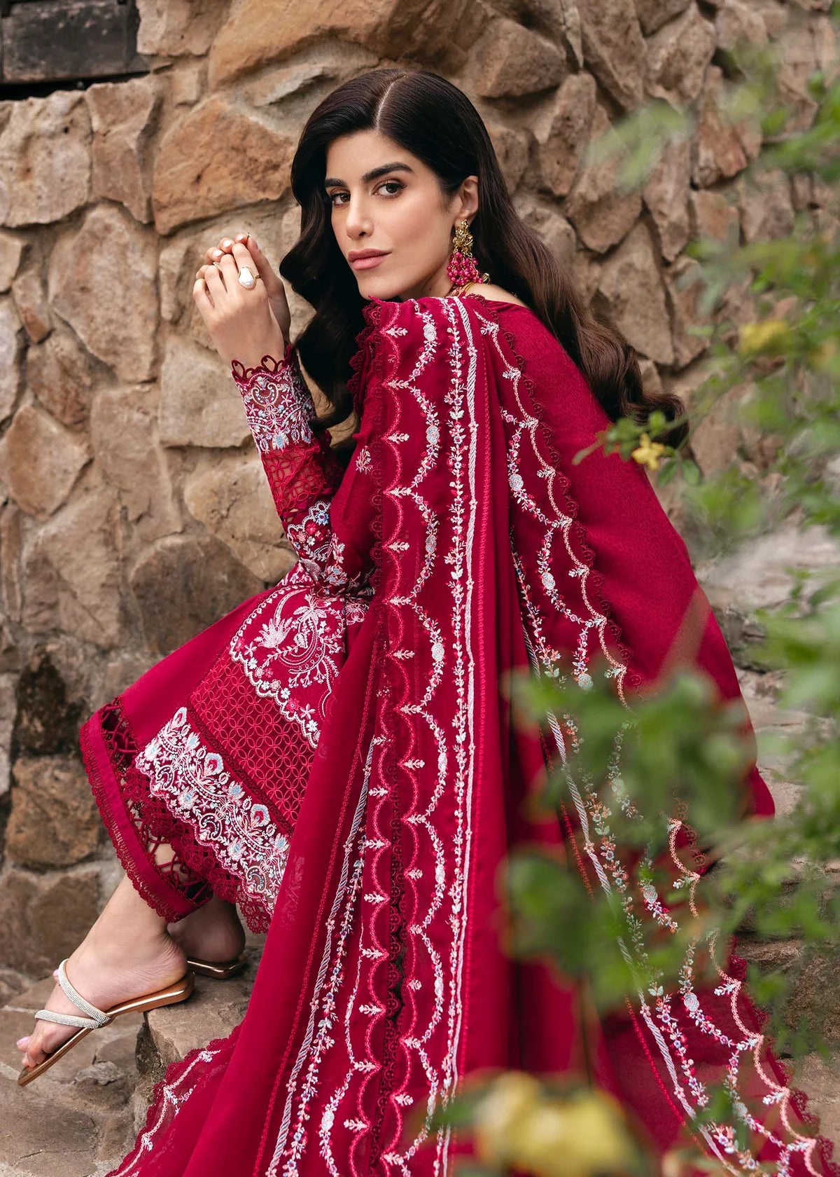 Model wearing deep red Cecil outfit from Kanwal Malik Ayra Casual Pret '25, showcasing Pakistani luxury pret and Pakistani clothes online in UK.