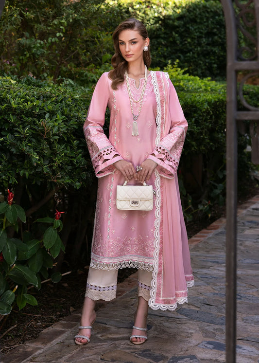 Model wearing Kanwal Malik Siena KM Basics '25 Flora in soft pink with delicate embroidery. Shop Pakistani luxury pret online in the UK.