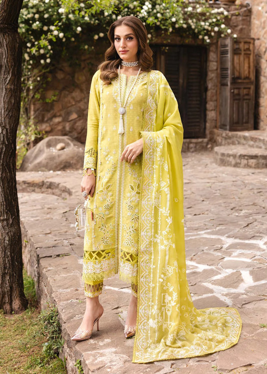 Model wearing bright yellow Silvia outfit from Kanwal Malik Ayra Casual Pret '25, showcasing Pakistani luxury pret and Pakistani clothes online in UK.