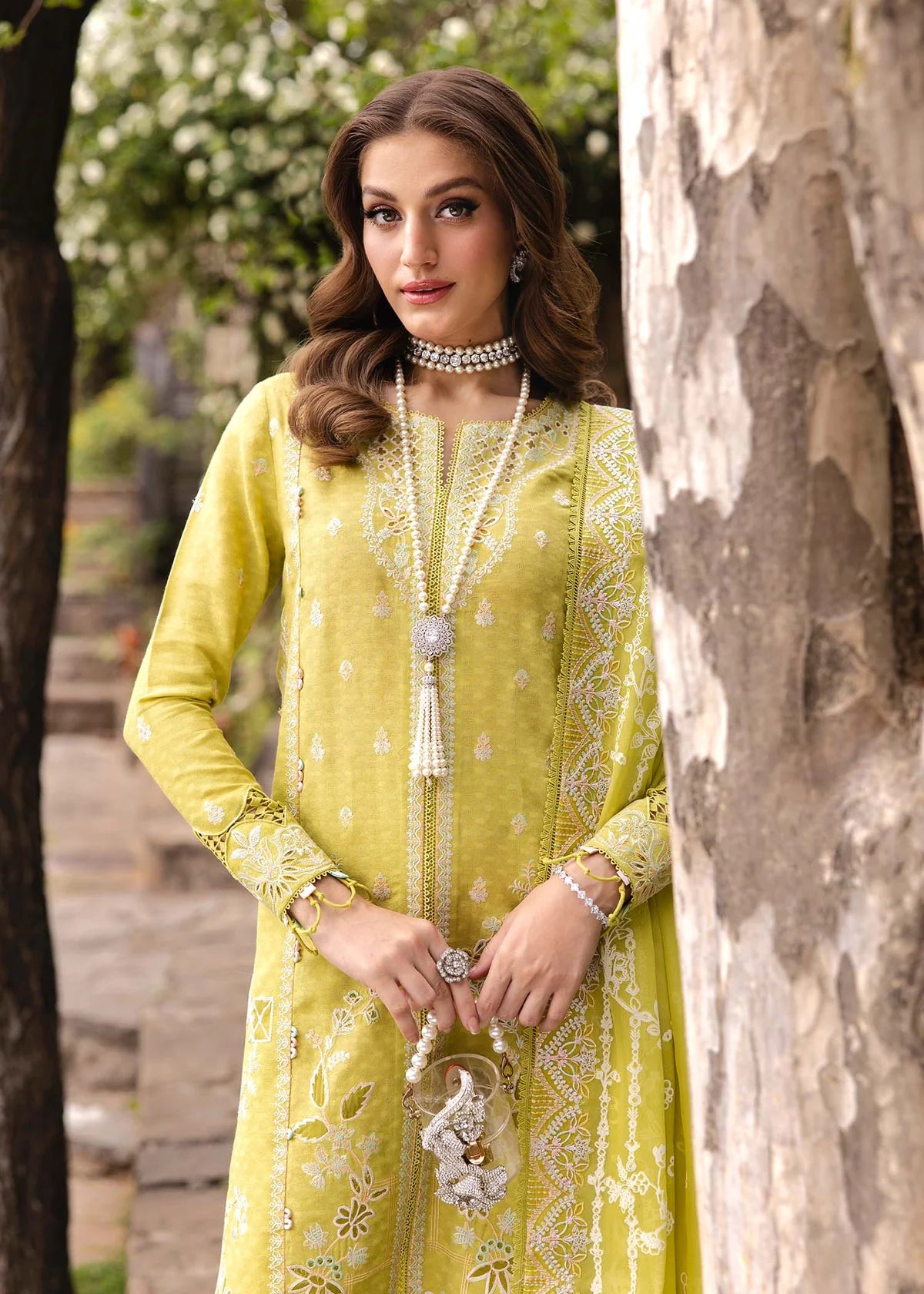 Model wearing bright yellow Silvia outfit from Kanwal Malik Ayra Casual Pret '25, showcasing Pakistani luxury pret and Pakistani clothes online in UK.