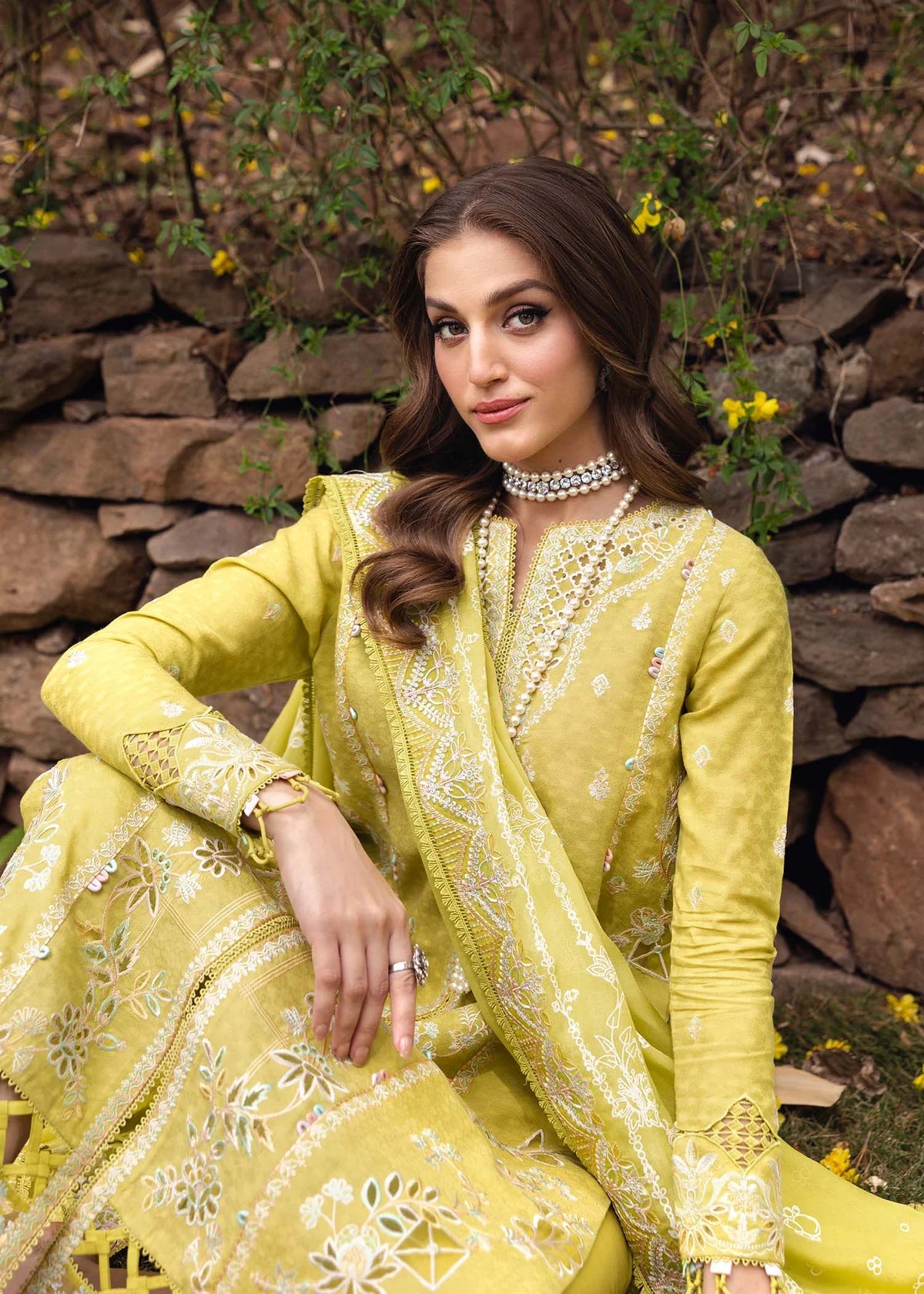 Model wearing bright yellow Silvia outfit from Kanwal Malik Ayra Casual Pret '25, showcasing Pakistani luxury pret and Pakistani clothes online in UK.