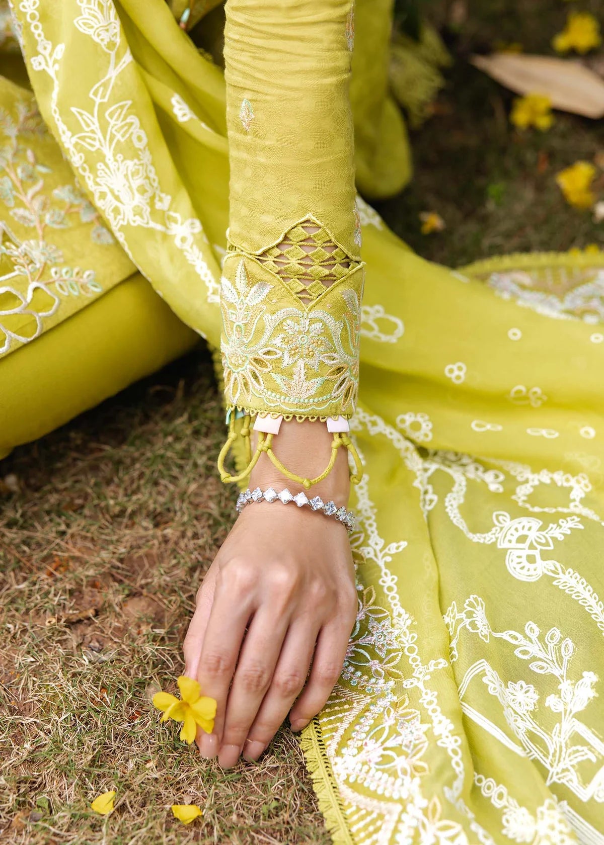 Model wearing bright yellow Silvia outfit from Kanwal Malik Ayra Casual Pret '25, showcasing Pakistani luxury pret and Pakistani clothes online in UK.