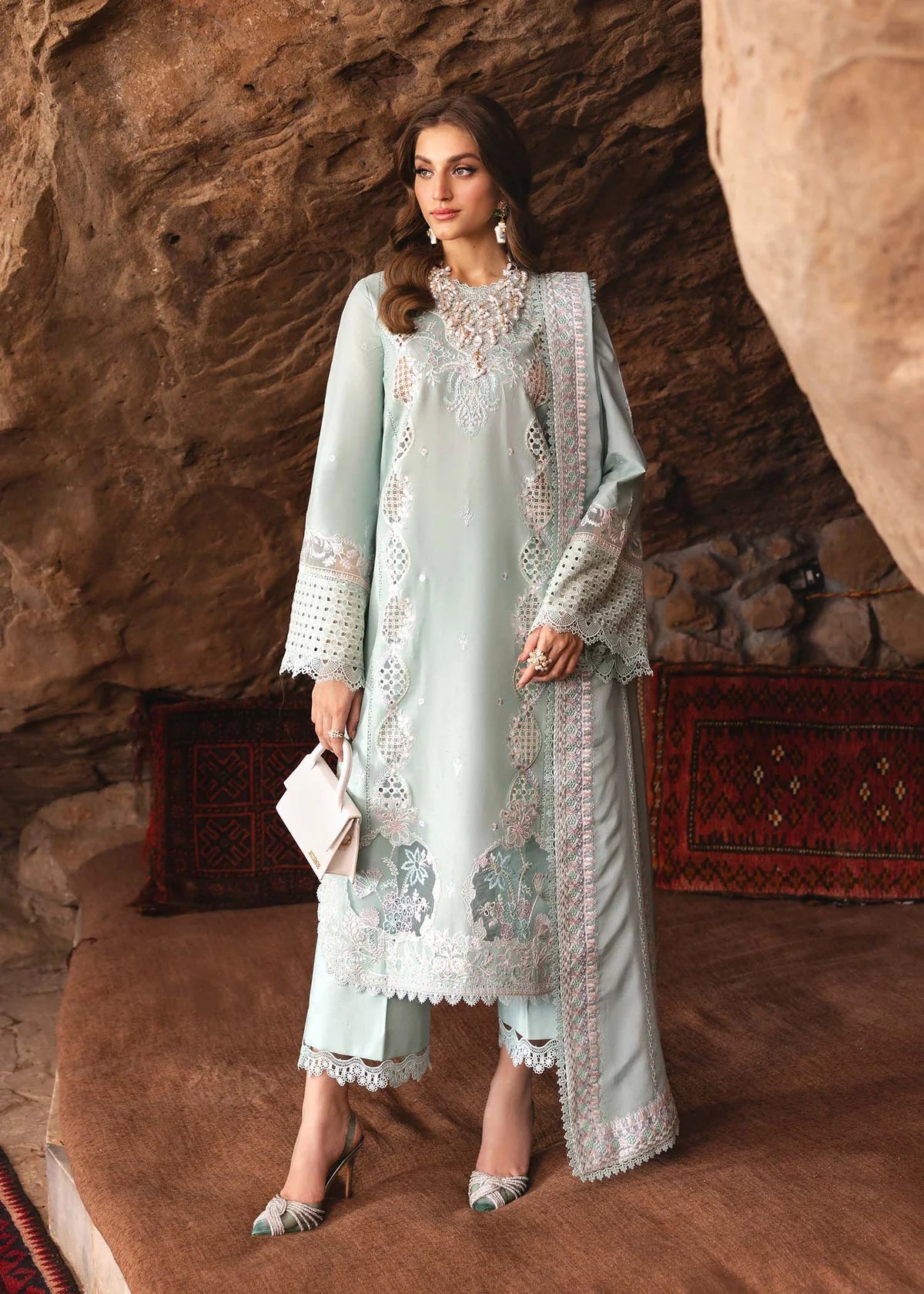 Model wearing pastel mint Isla outfit from Kanwal Malik Ayra Casual Pret '25, Pakistani luxury pret and Pakistani clothes online in UK.