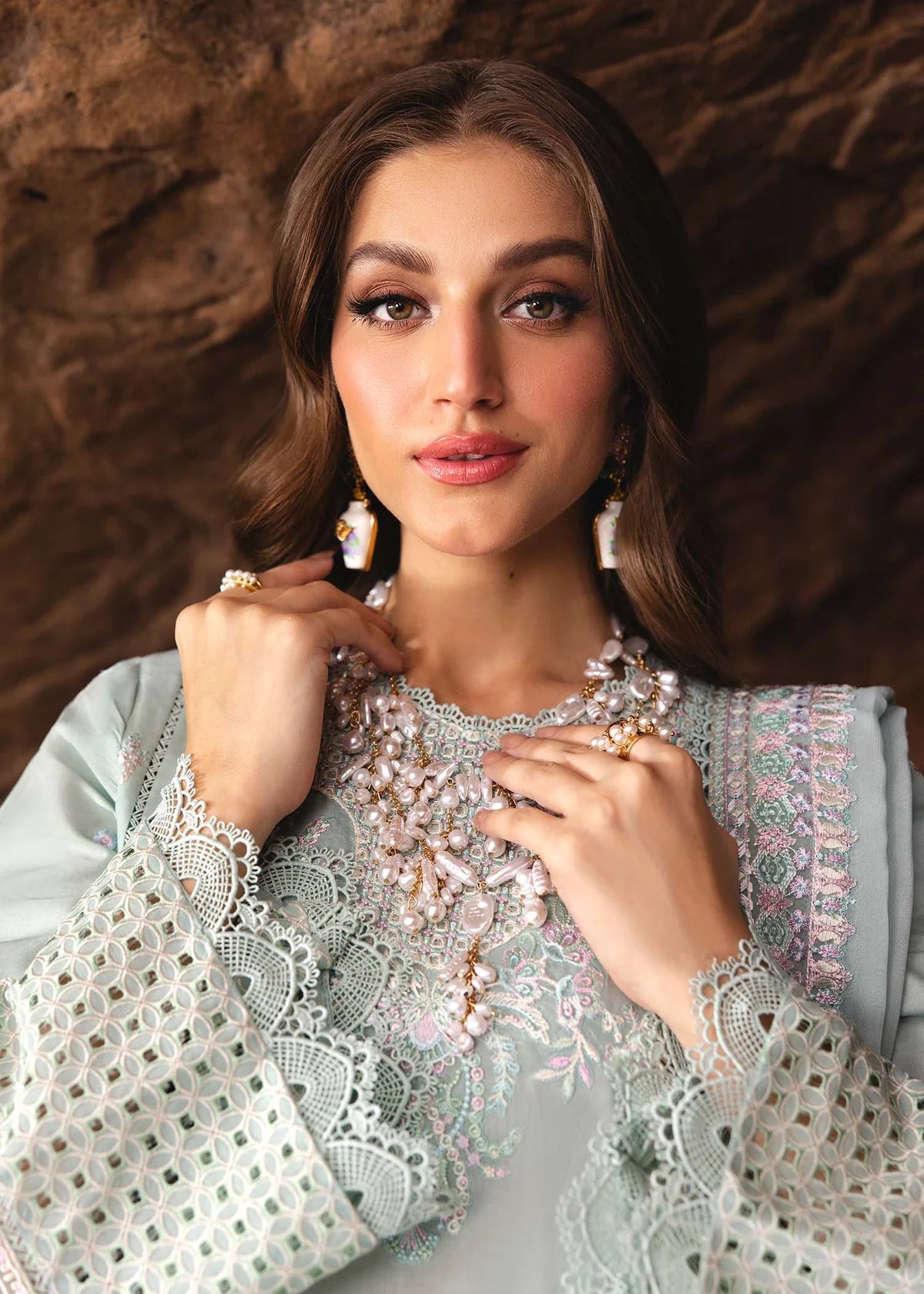 Model wearing pastel mint Isla outfit from Kanwal Malik Ayra Casual Pret '25, Pakistani luxury pret and Pakistani clothes online in UK.