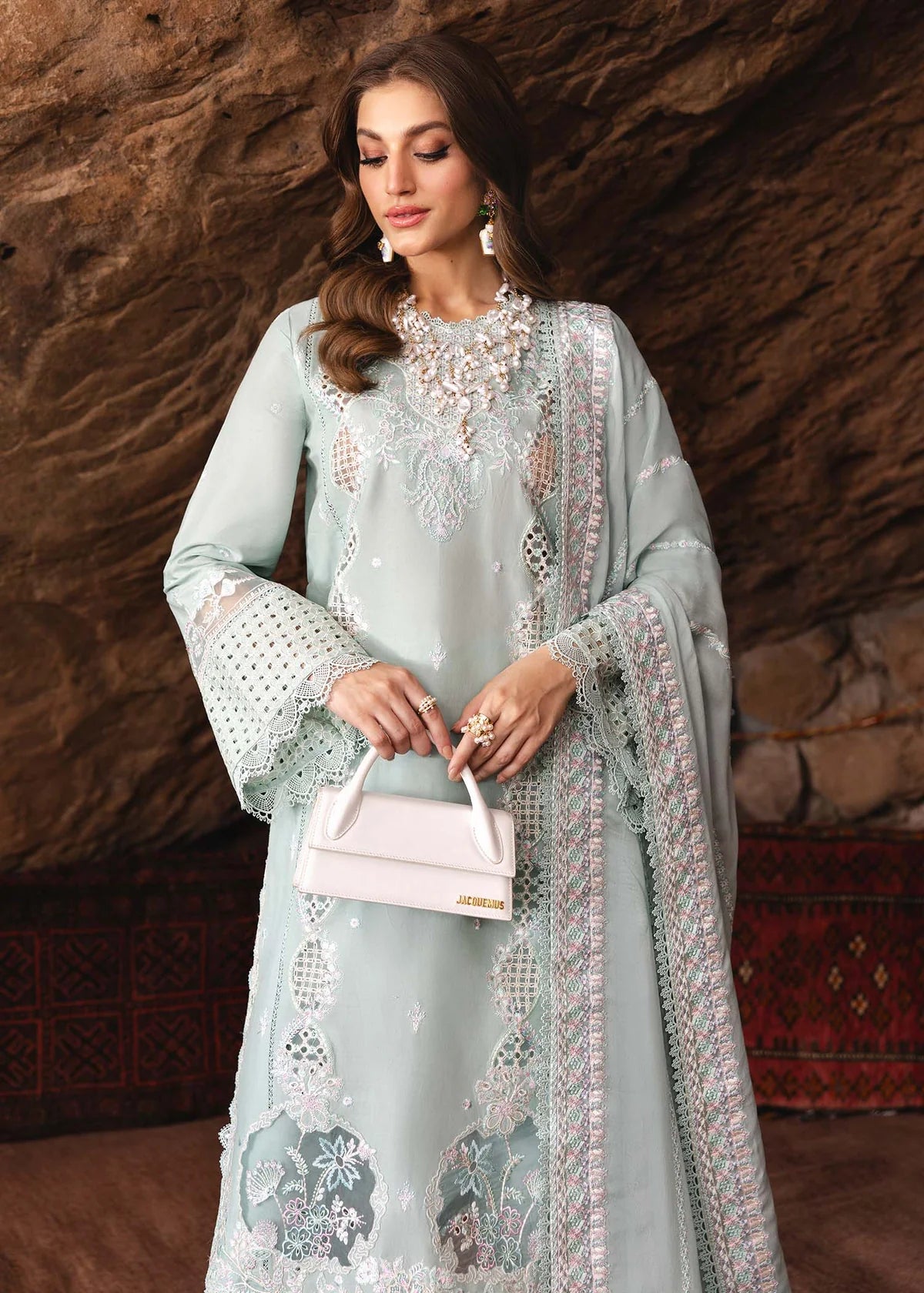 Model wearing pastel mint Isla outfit from Kanwal Malik Ayra Casual Pret '25, Pakistani luxury pret and Pakistani clothes online in UK.