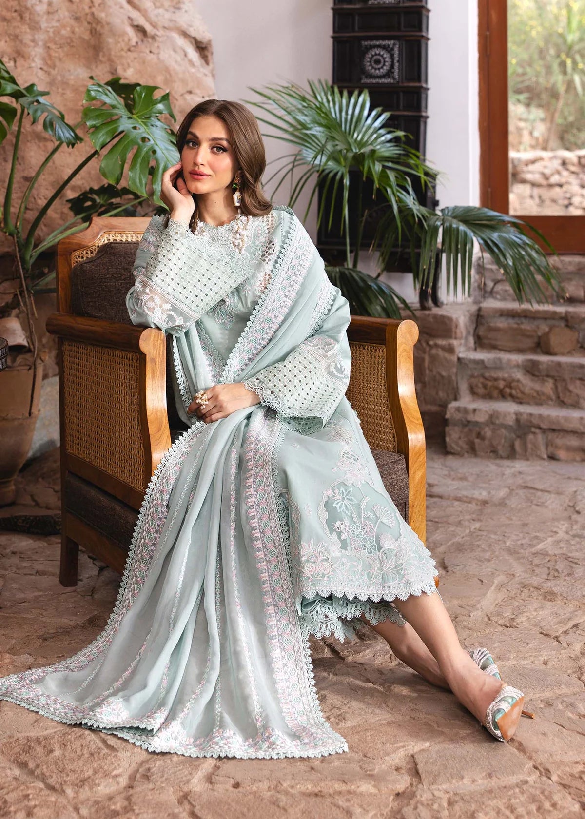 Model wearing pastel mint Isla outfit from Kanwal Malik Ayra Casual Pret '25, Pakistani luxury pret and Pakistani clothes online in UK.