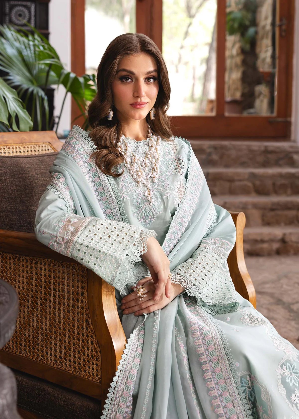 Model wearing pastel mint Isla outfit from Kanwal Malik Ayra Casual Pret '25, Pakistani luxury pret and Pakistani clothes online in UK.