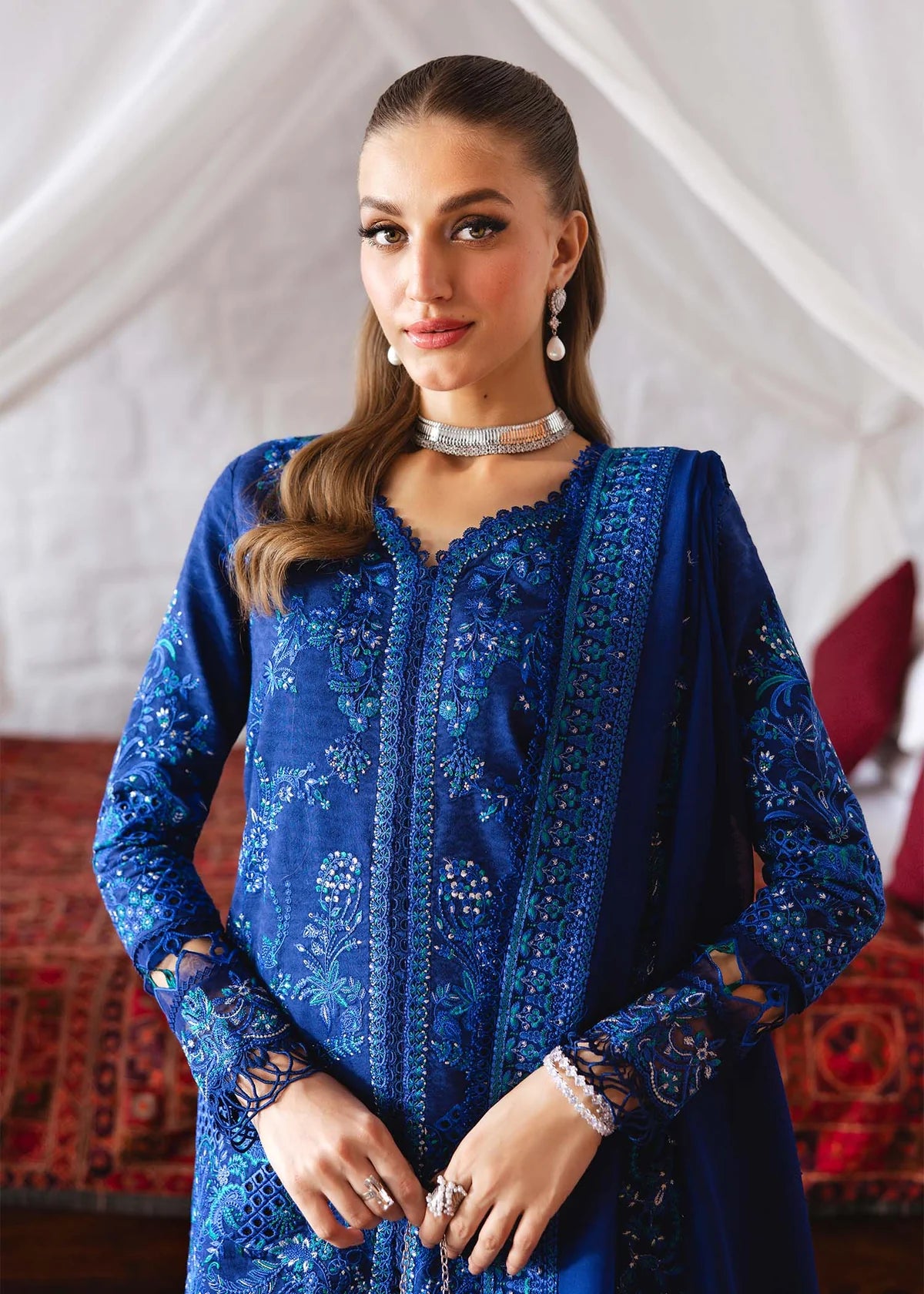 Model wearing royal blue Hannah outfit from Kanwal Malik Ayra Casual Pret '25, Pakistani luxury pret and Pakistani clothes online in UK.