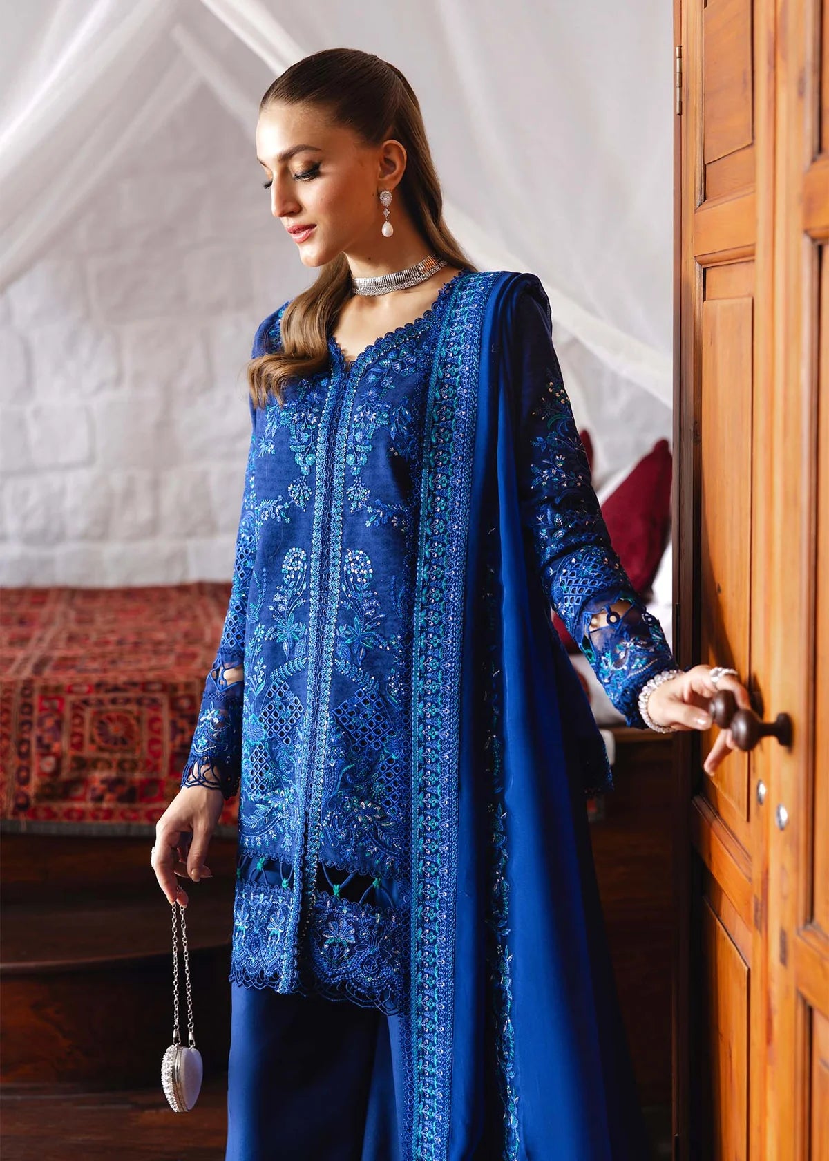Model wearing royal blue Hannah outfit from Kanwal Malik Ayra Casual Pret '25, Pakistani luxury pret and Pakistani clothes online in UK.