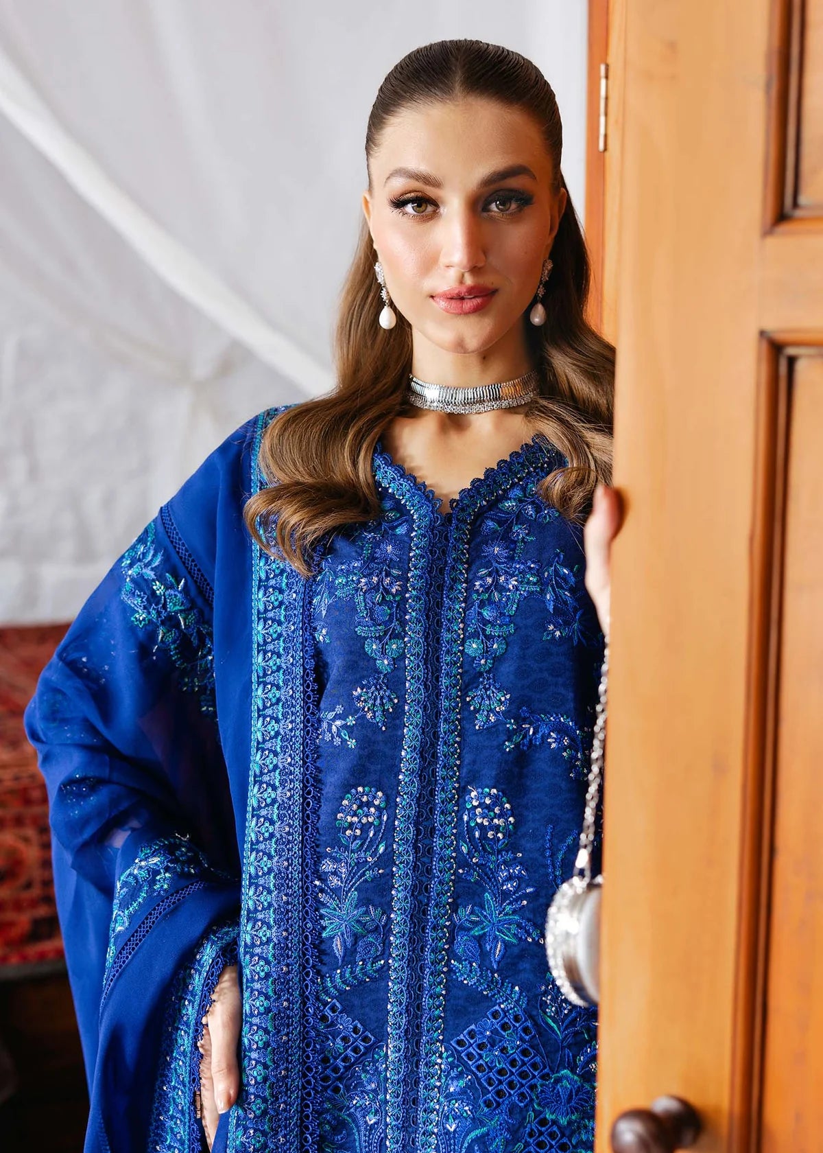 Model wearing royal blue Hannah outfit from Kanwal Malik Ayra Casual Pret '25, Pakistani luxury pret and Pakistani clothes online in UK.