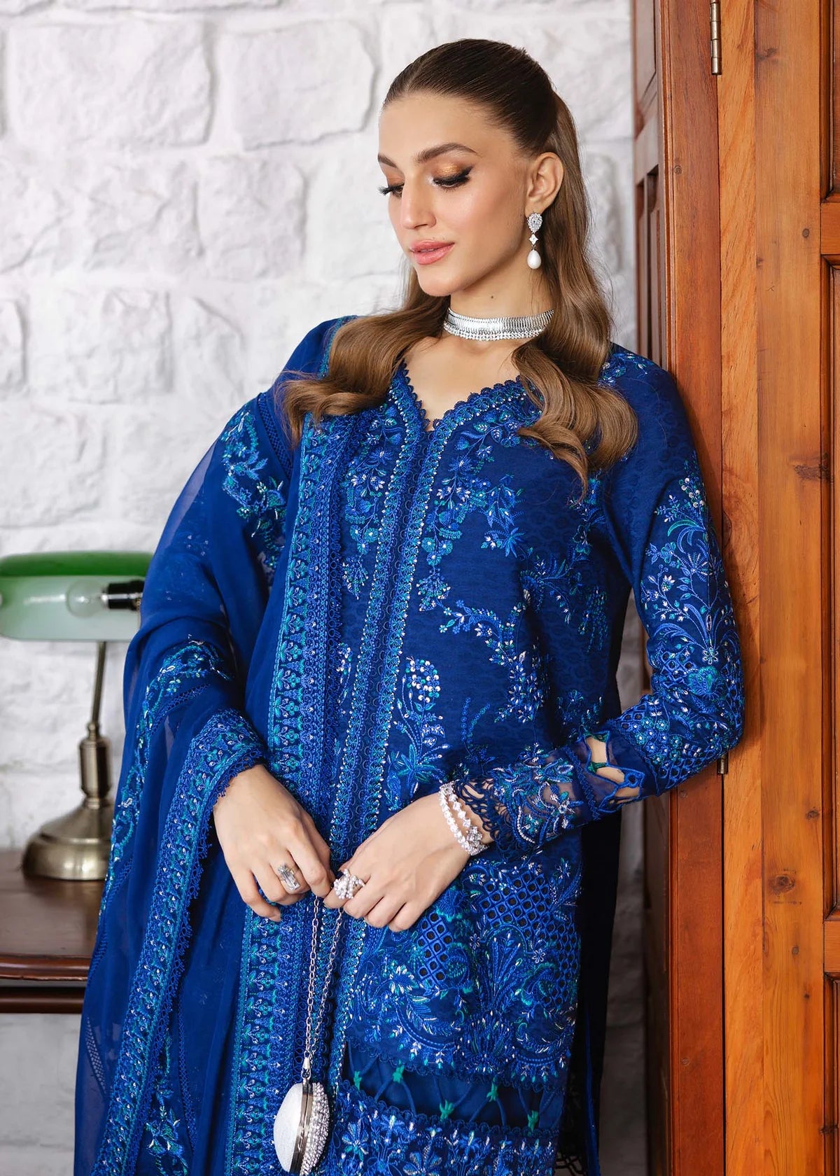 Model wearing royal blue Hannah outfit from Kanwal Malik Ayra Casual Pret '25, Pakistani luxury pret and Pakistani clothes online in UK.