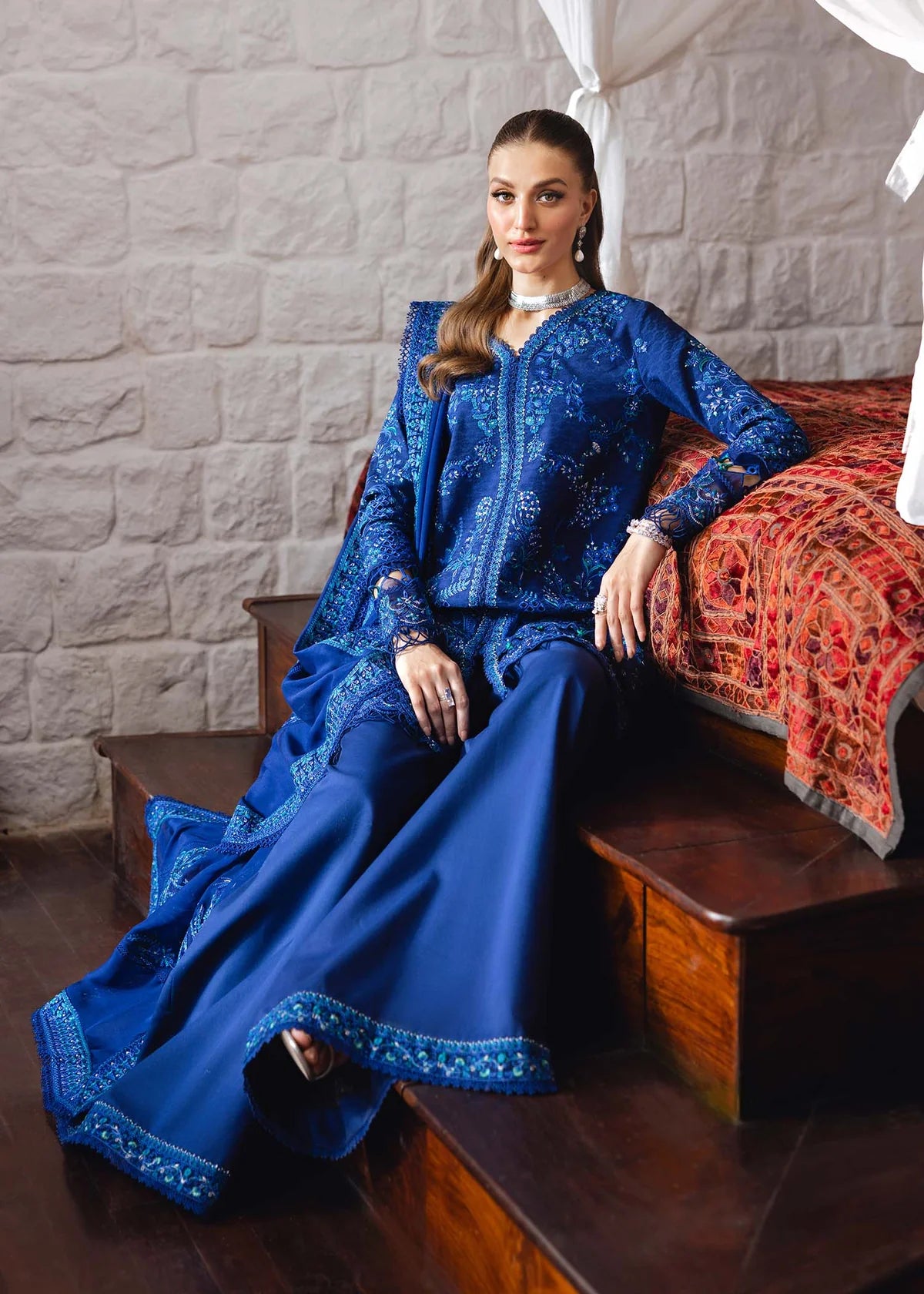 Model wearing royal blue Hannah outfit from Kanwal Malik Ayra Casual Pret '25, Pakistani luxury pret and Pakistani clothes online in UK.