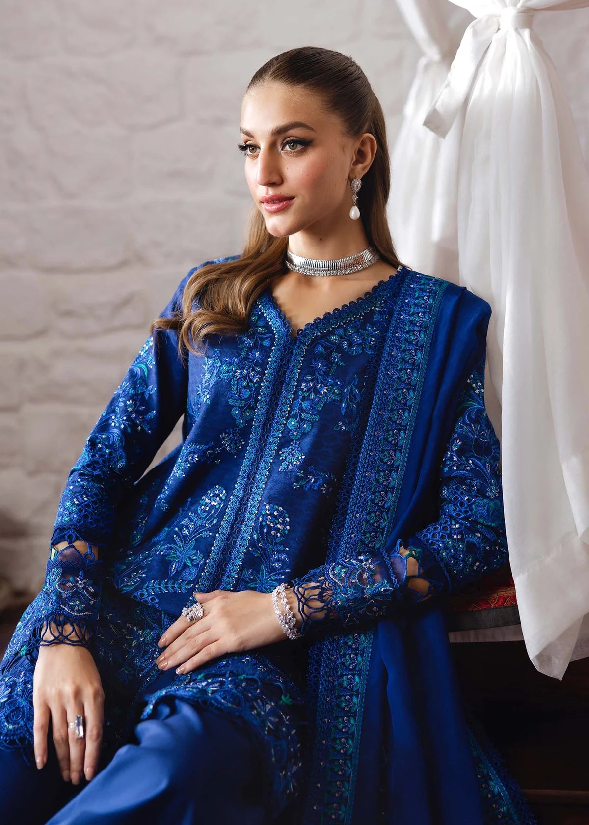 Model wearing royal blue Hannah outfit from Kanwal Malik Ayra Casual Pret '25, Pakistani luxury pret and Pakistani clothes online in UK.